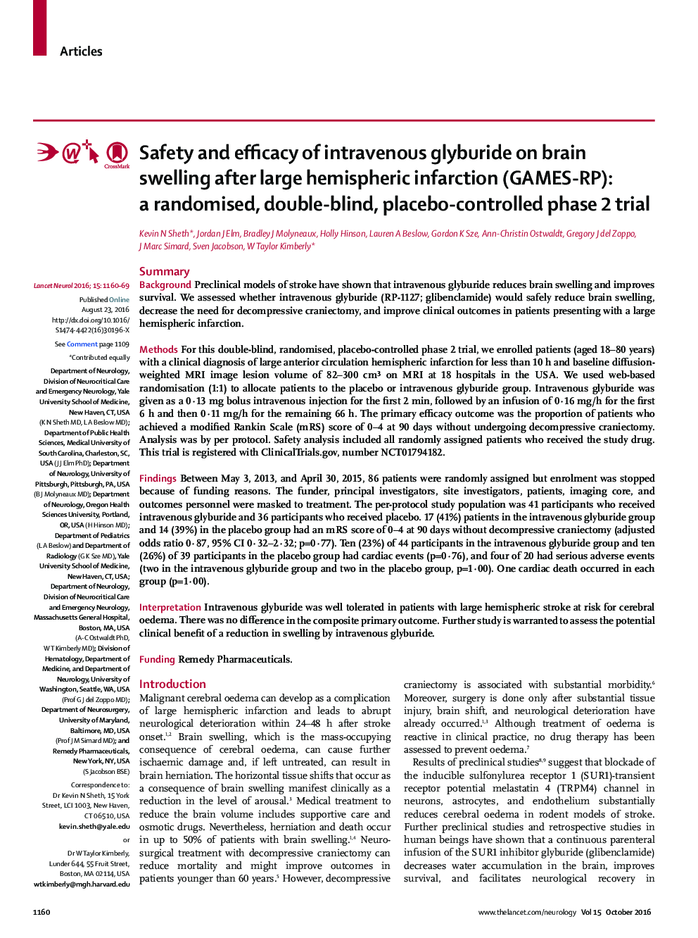 Safety and efficacy of intravenous glyburide on brain swelling after large hemispheric infarction (GAMES-RP): a randomised, double-blind, placebo-controlled phase 2 trial