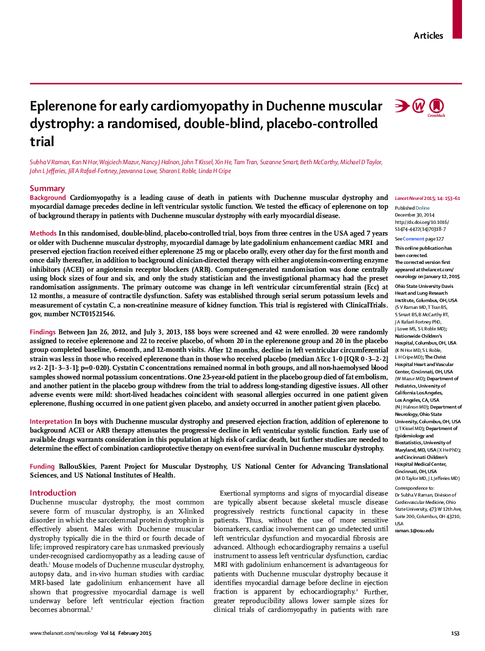 Eplerenone for early cardiomyopathy in Duchenne muscular dystrophy: a randomised, double-blind, placebo-controlled trial