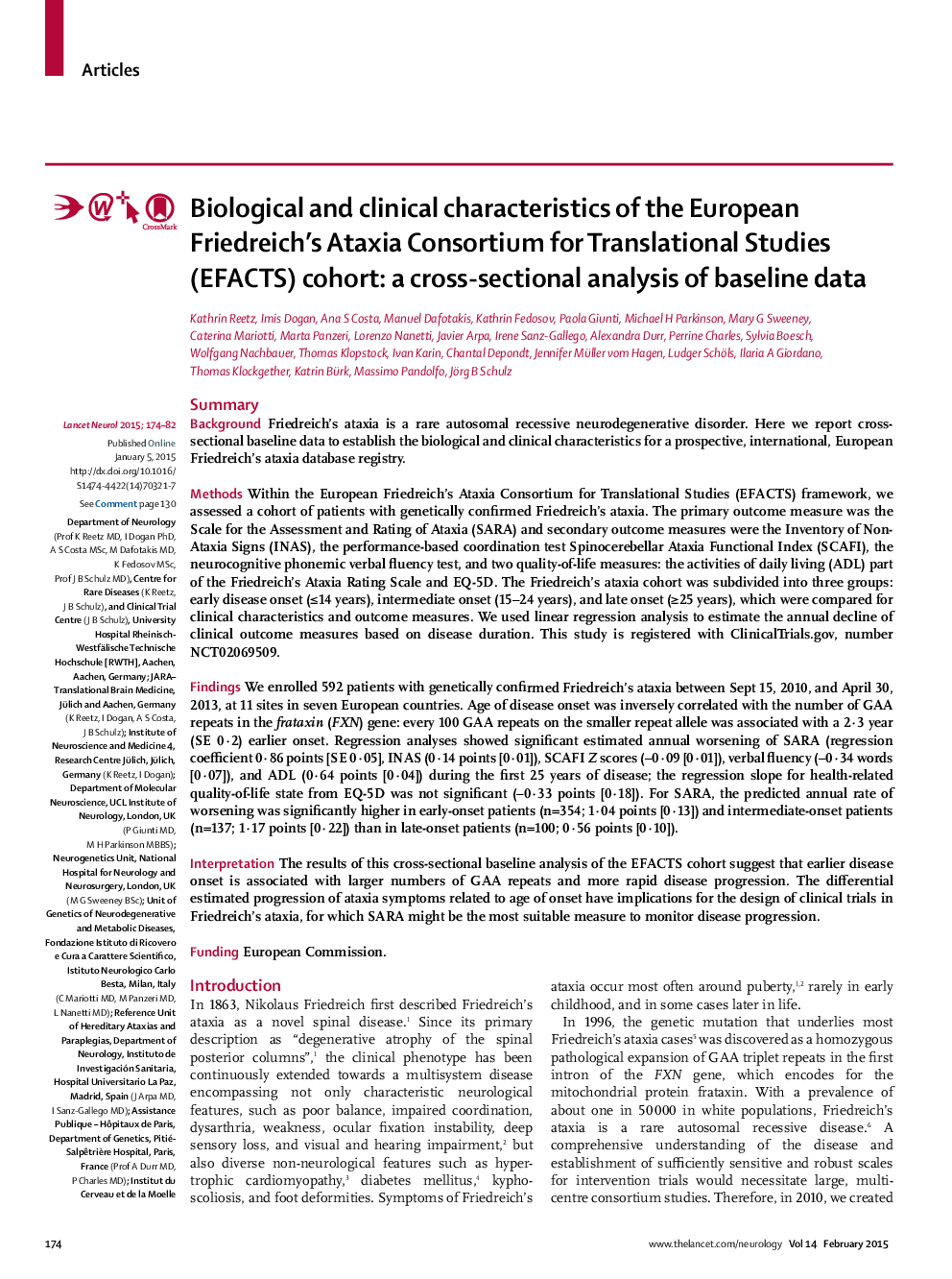 Biological and clinical characteristics of the European Friedreich's Ataxia Consortium for Translational Studies (EFACTS) cohort: a cross-sectional analysis of baseline data