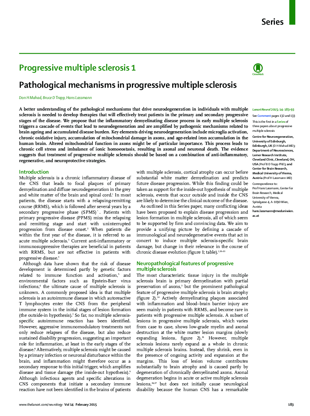 Pathological mechanisms in progressive multiple sclerosis