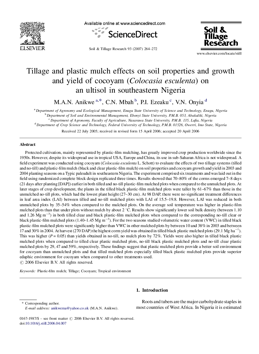 Tillage and plastic mulch effects on soil properties and growth and yield of cocoyam (Colocasia esculenta) on an ultisol in southeastern Nigeria