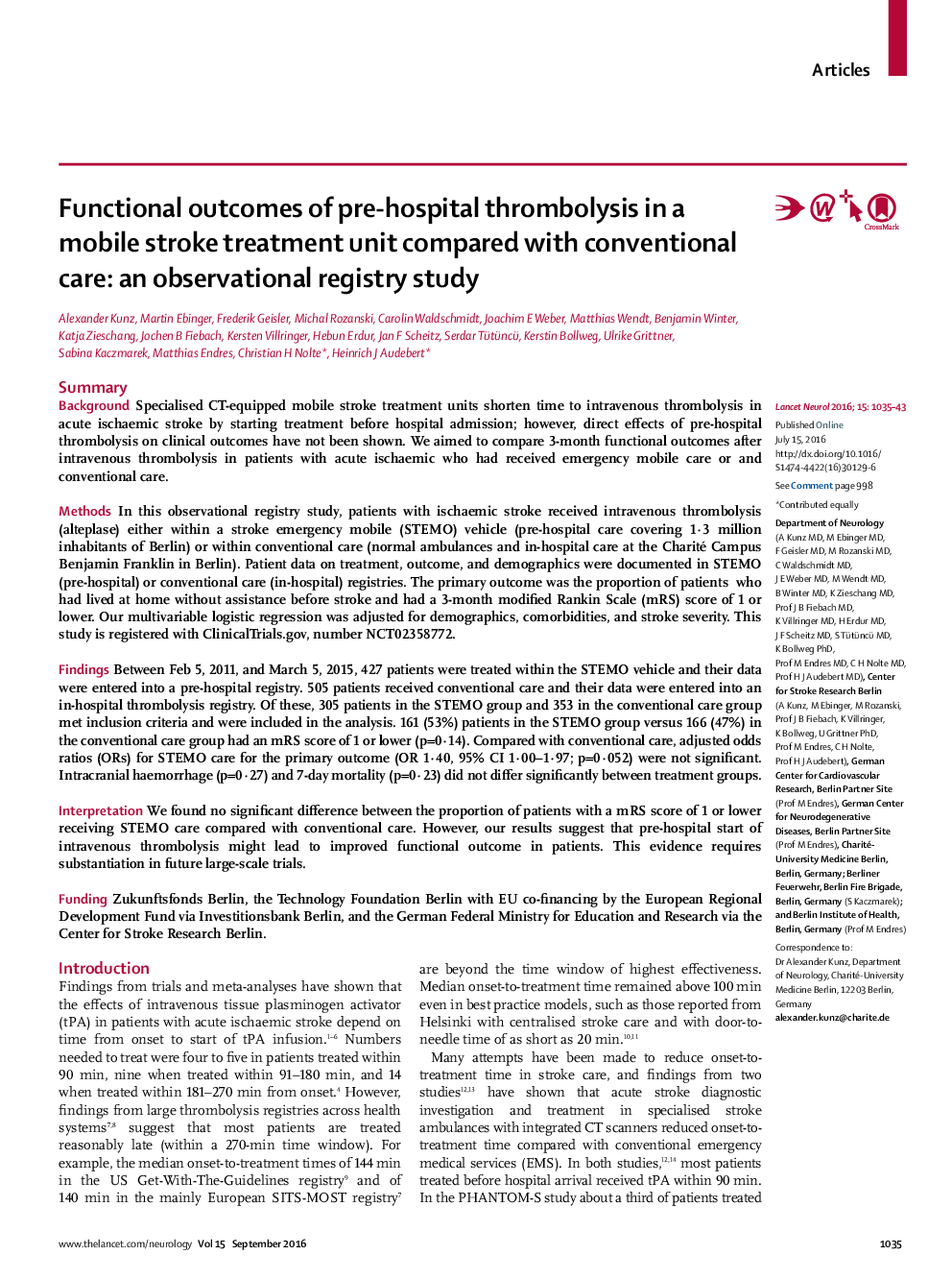 Functional outcomes of pre-hospital thrombolysis in a mobile stroke treatment unit compared with conventional care: an observational registry study