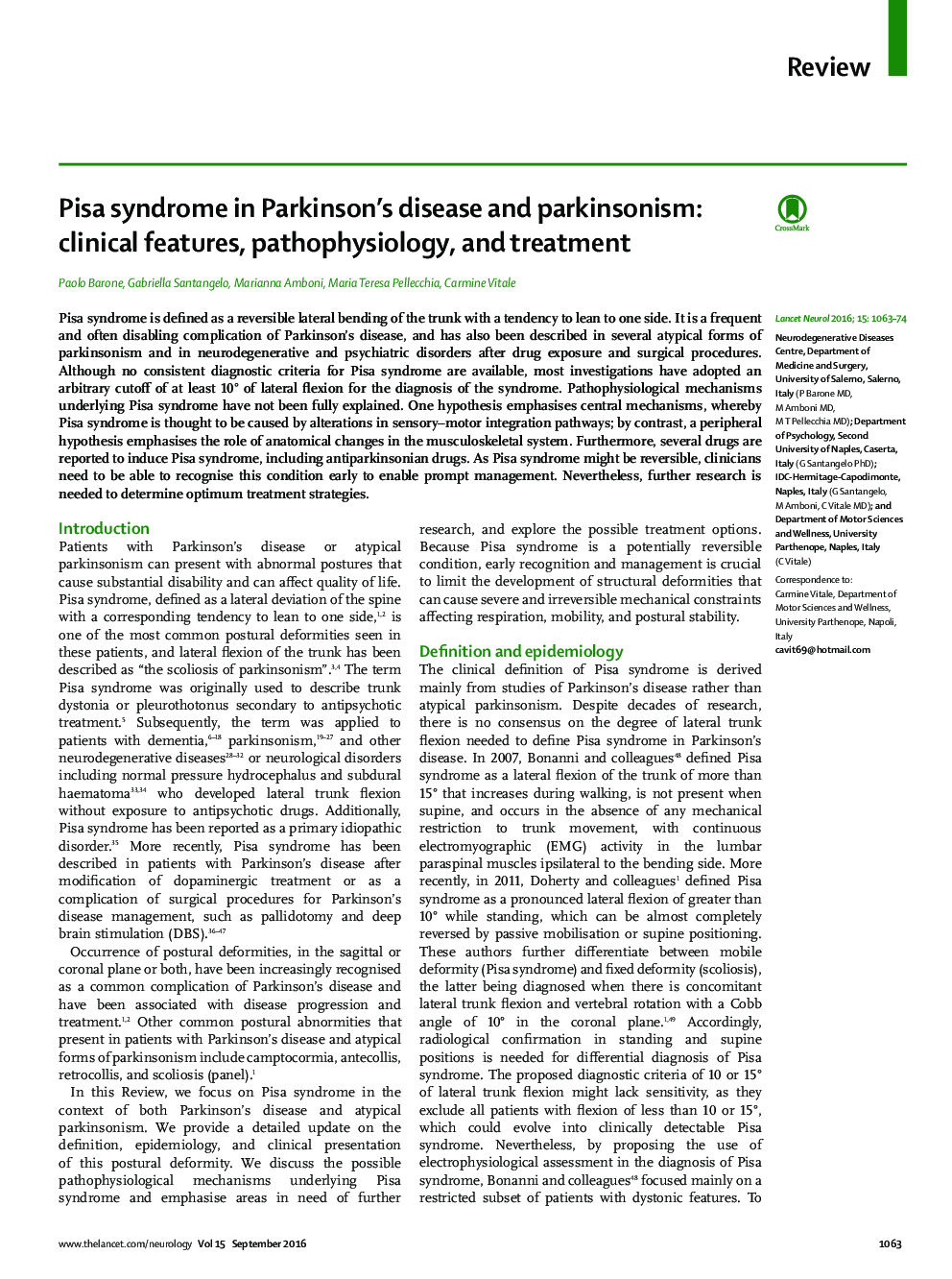 Pisa syndrome in Parkinson's disease and parkinsonism: clinical features, pathophysiology, and treatment