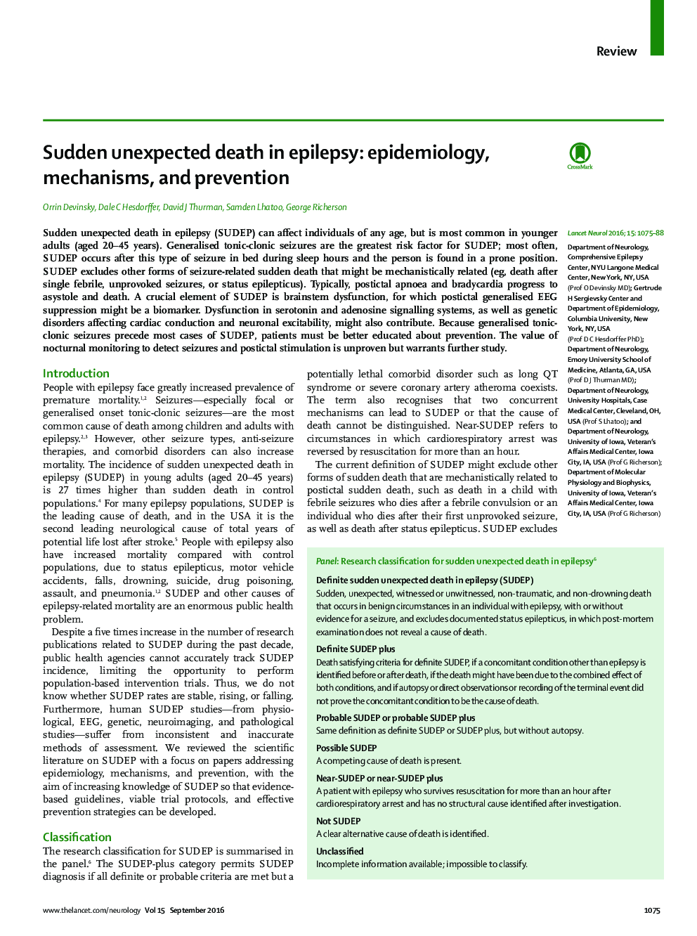 Sudden unexpected death in epilepsy: epidemiology, mechanisms, and prevention