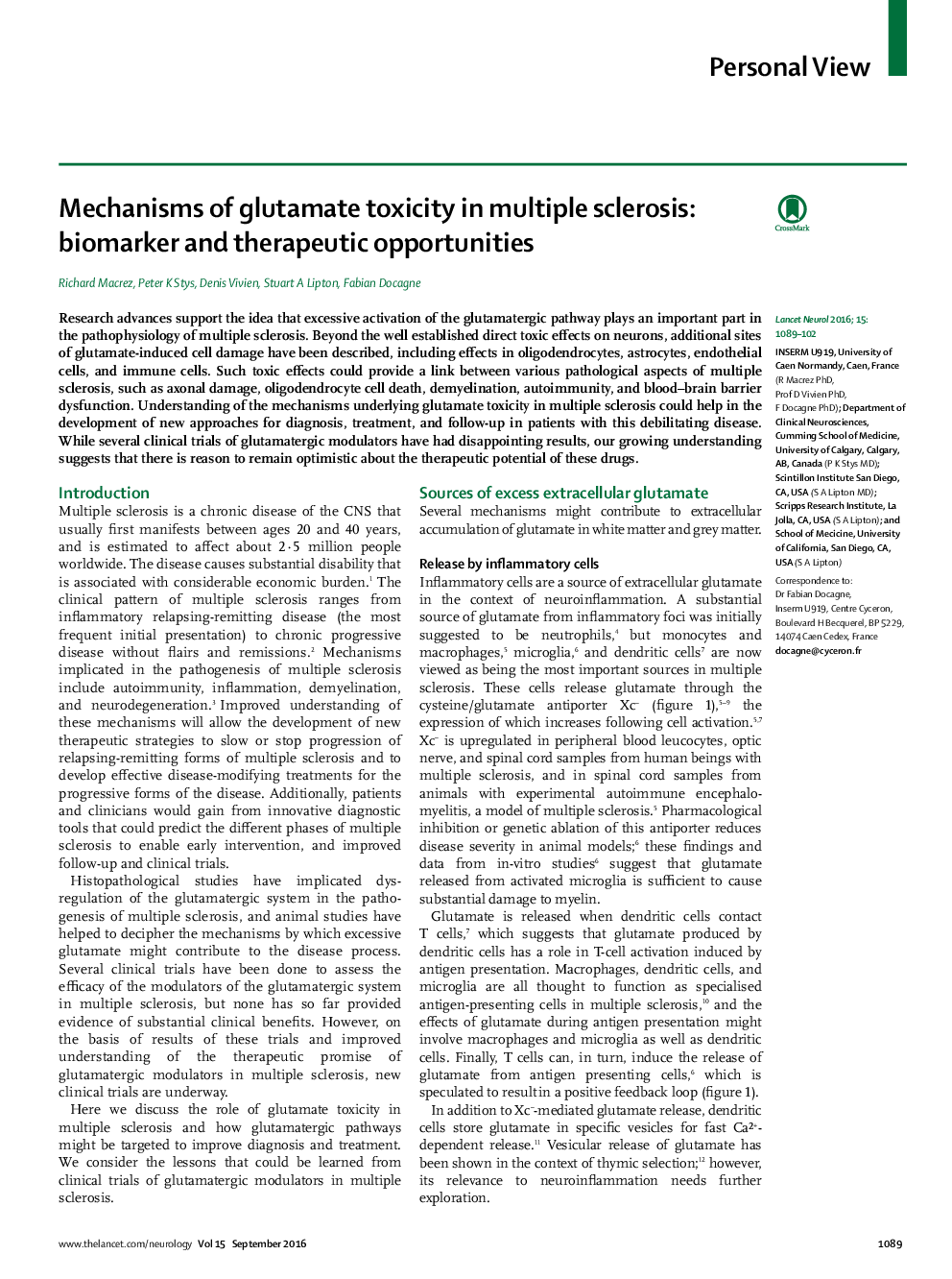 Mechanisms of glutamate toxicity in multiple sclerosis: biomarker and therapeutic opportunities