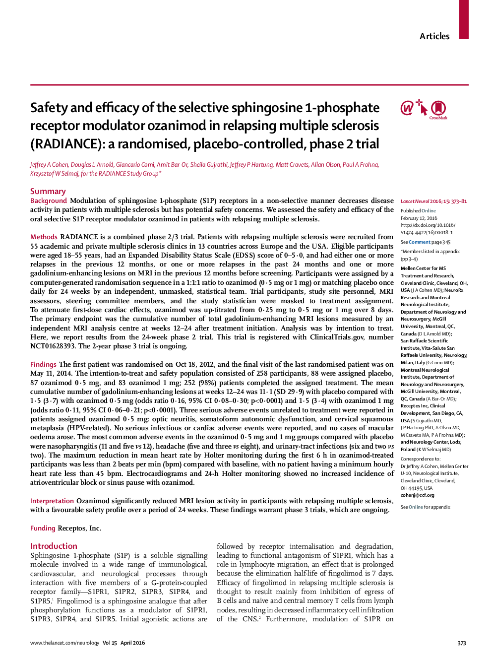 Safety and efficacy of the selective sphingosine 1-phosphate receptor modulator ozanimod in relapsing multiple sclerosis (RADIANCE): a randomised, placebo-controlled, phase 2 trial