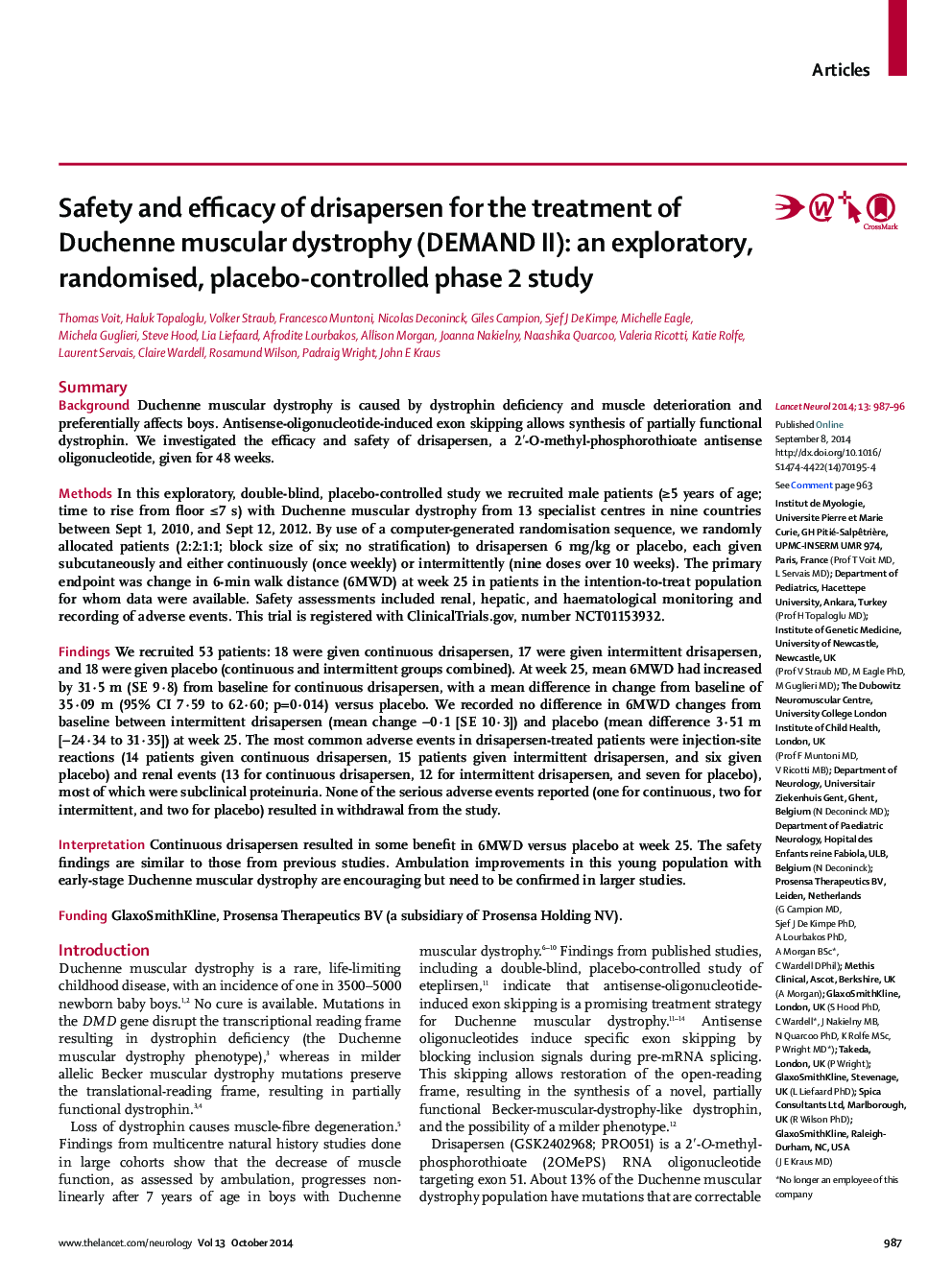 Safety and efficacy of drisapersen for the treatment of Duchenne muscular dystrophy (DEMAND II): an exploratory, randomised, placebo-controlled phase 2 study