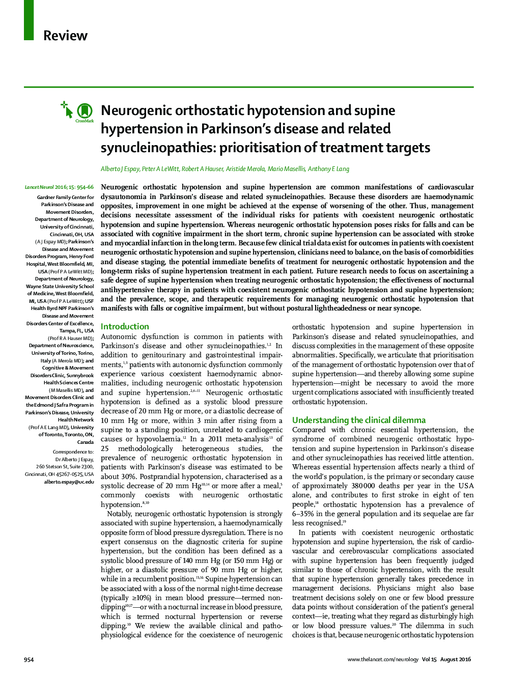 Neurogenic orthostatic hypotension and supine hypertension in Parkinson's disease and related synucleinopathies: prioritisation of treatment targets