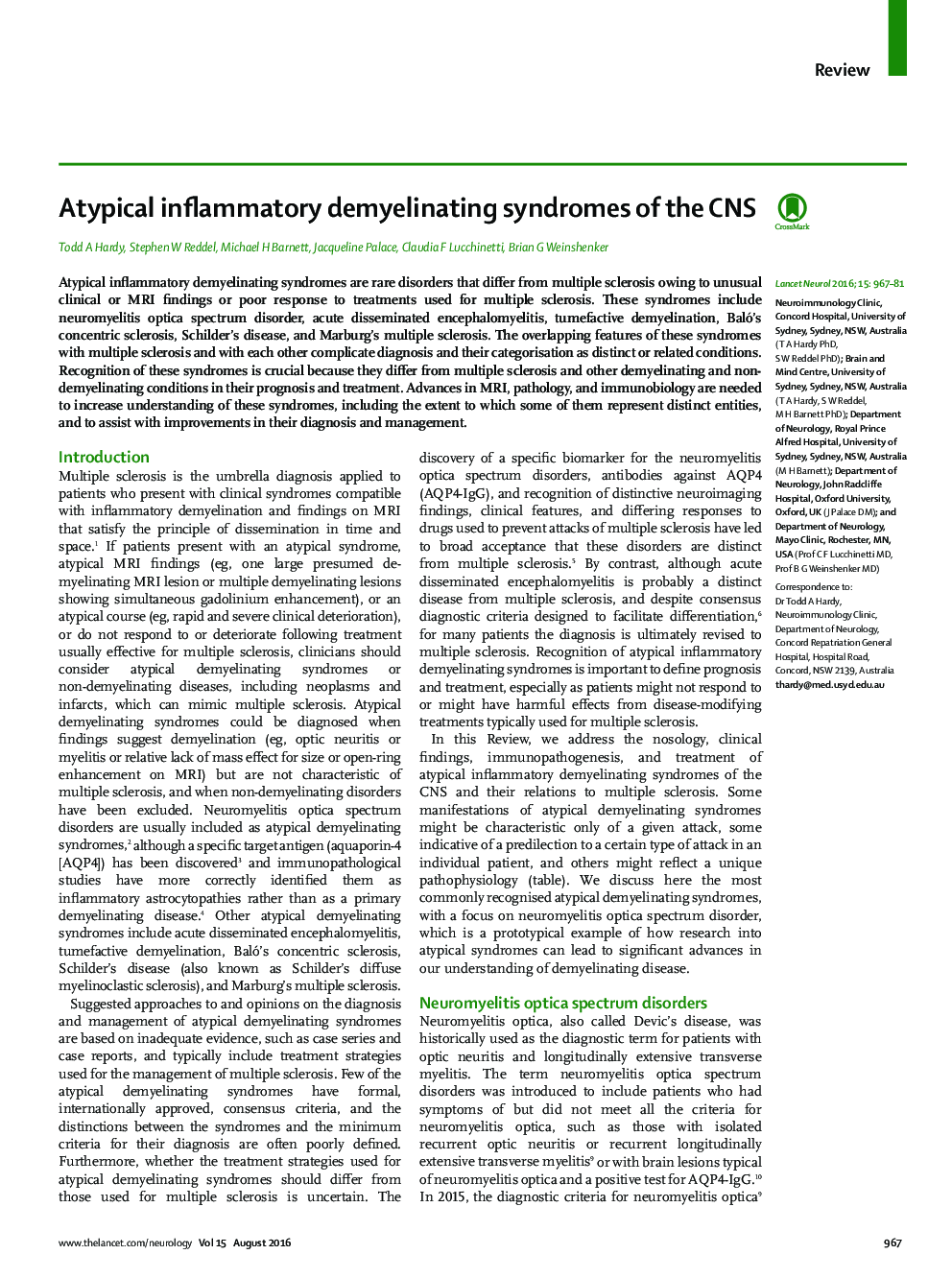 Atypical inflammatory demyelinating syndromes of the CNS