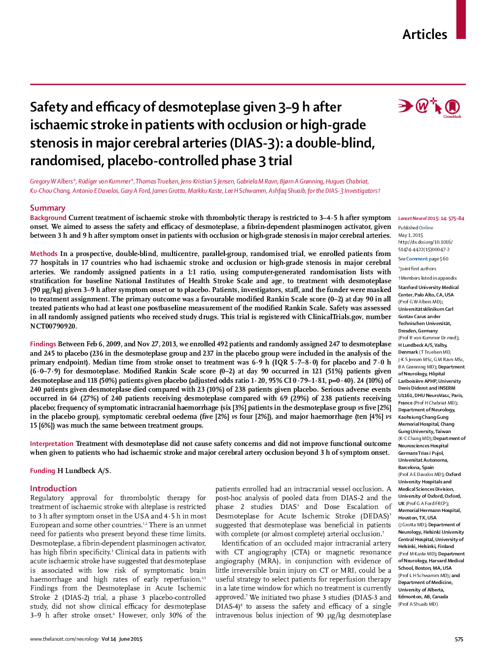 Safety and efficacy of desmoteplase given 3–9 h after ischaemic stroke in patients with occlusion or high-grade stenosis in major cerebral arteries (DIAS-3): a double-blind, randomised, placebo-controlled phase 3 trial