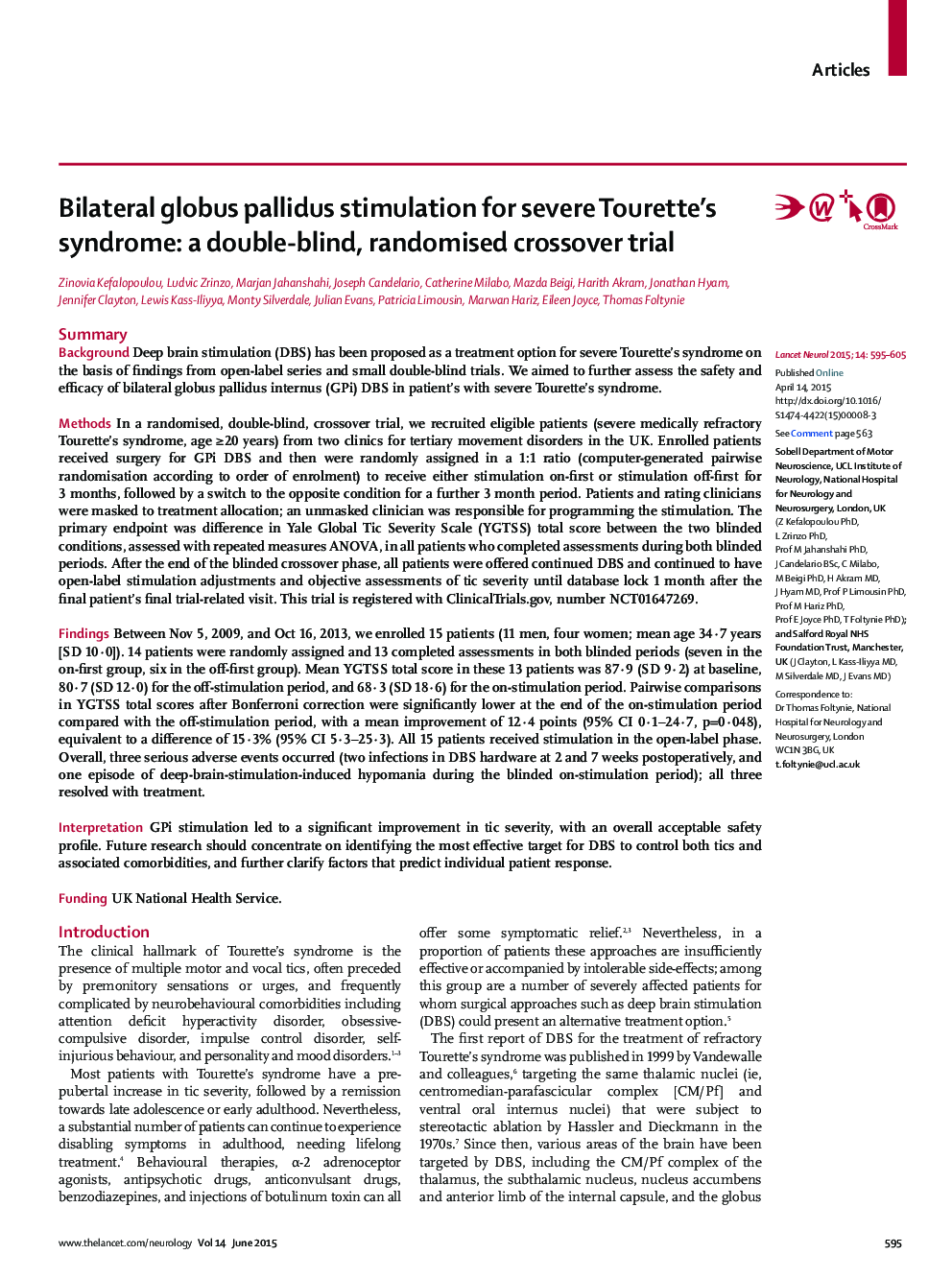 Bilateral globus pallidus stimulation for severe Tourette's syndrome: a double-blind, randomised crossover trial