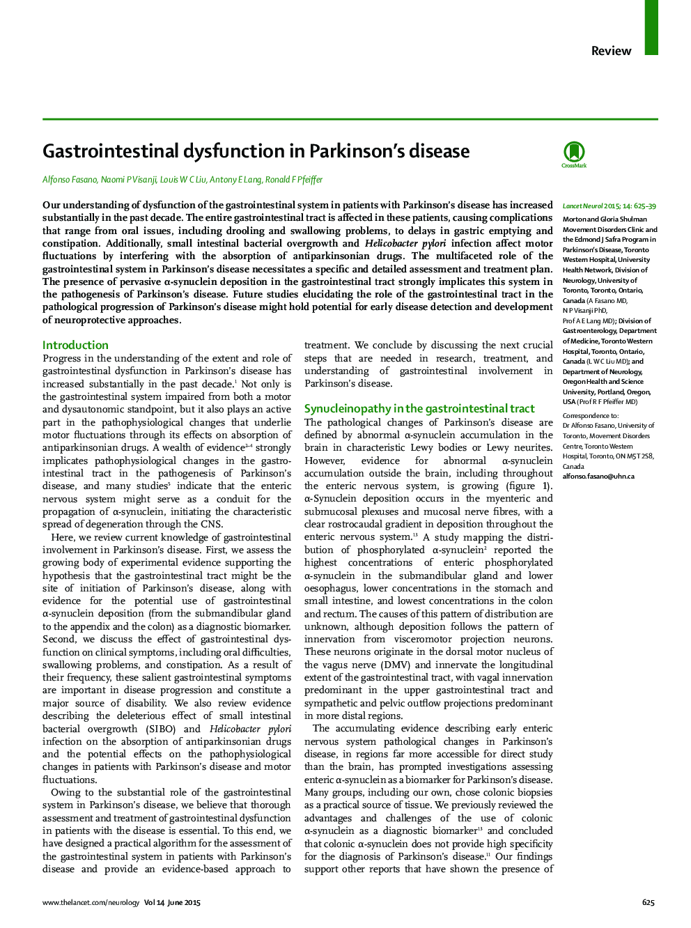 Gastrointestinal dysfunction in Parkinson's disease