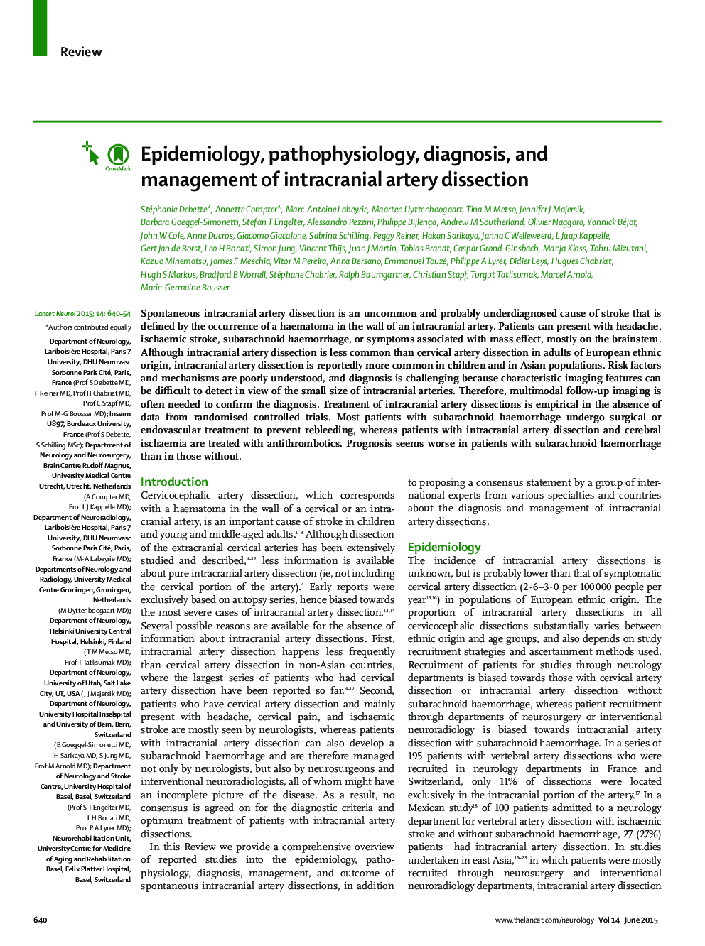 Epidemiology, pathophysiology, diagnosis, and management of intracranial artery dissection