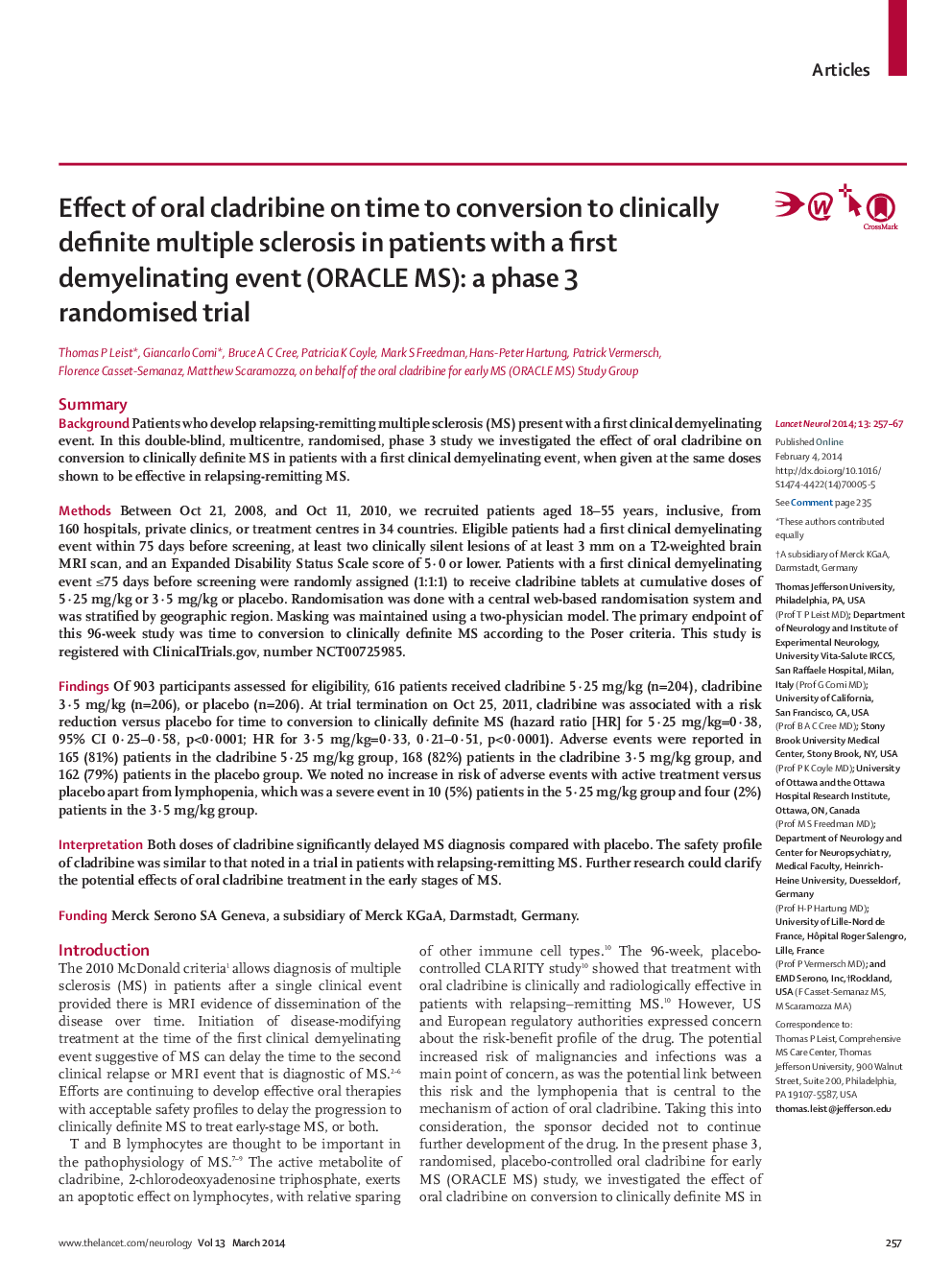 Effect of oral cladribine on time to conversion to clinically definite multiple sclerosis in patients with a first demyelinating event (ORACLE MS): a phase 3 randomised trial