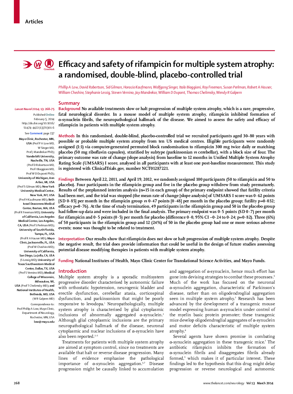 Efficacy and safety of rifampicin for multiple system atrophy: a randomised, double-blind, placebo-controlled trial