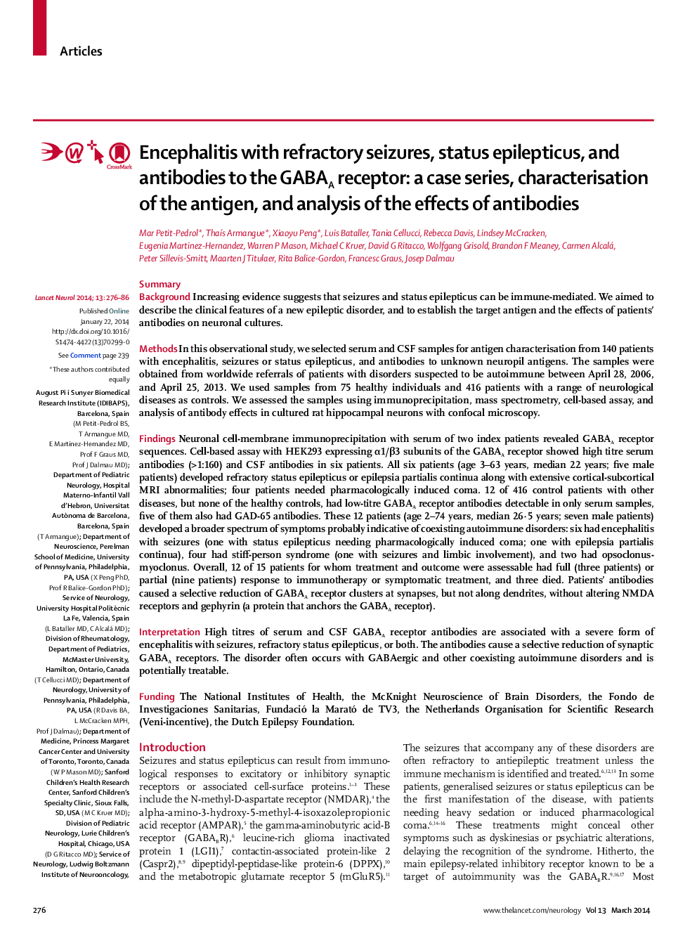 Encephalitis with refractory seizures, status epilepticus, and antibodies to the GABAA receptor: a case series, characterisation of the antigen, and analysis of the effects of antibodies