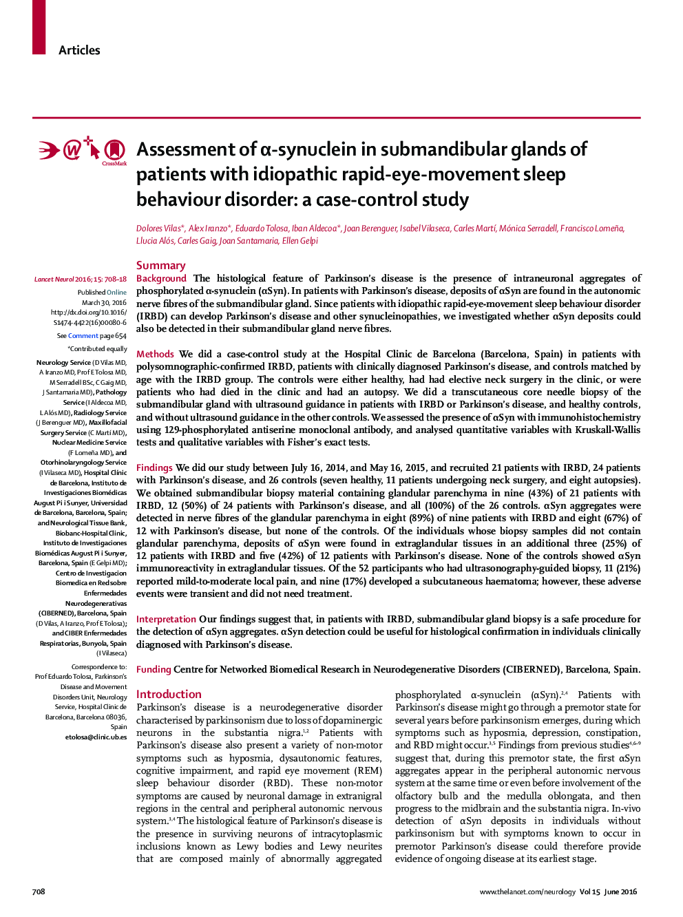 Assessment of α-synuclein in submandibular glands of patients with idiopathic rapid-eye-movement sleep behaviour disorder: a case-control study