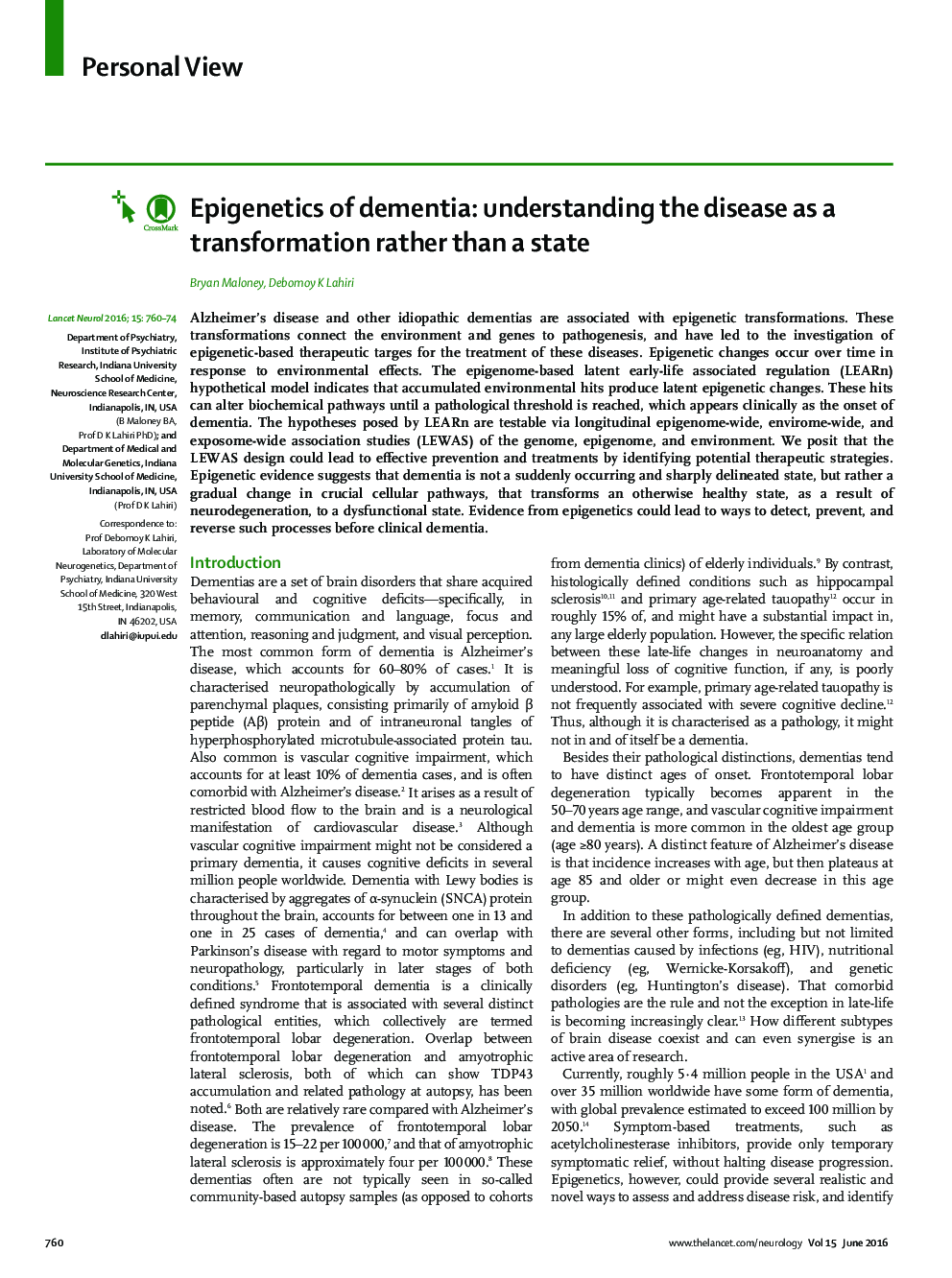 Epigenetics of dementia: understanding the disease as a transformation rather than a state