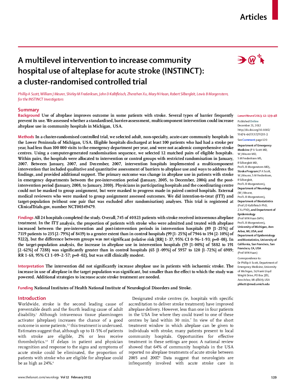 A multilevel intervention to increase community hospital use of alteplase for acute stroke (INSTINCT): a cluster-randomised controlled trial