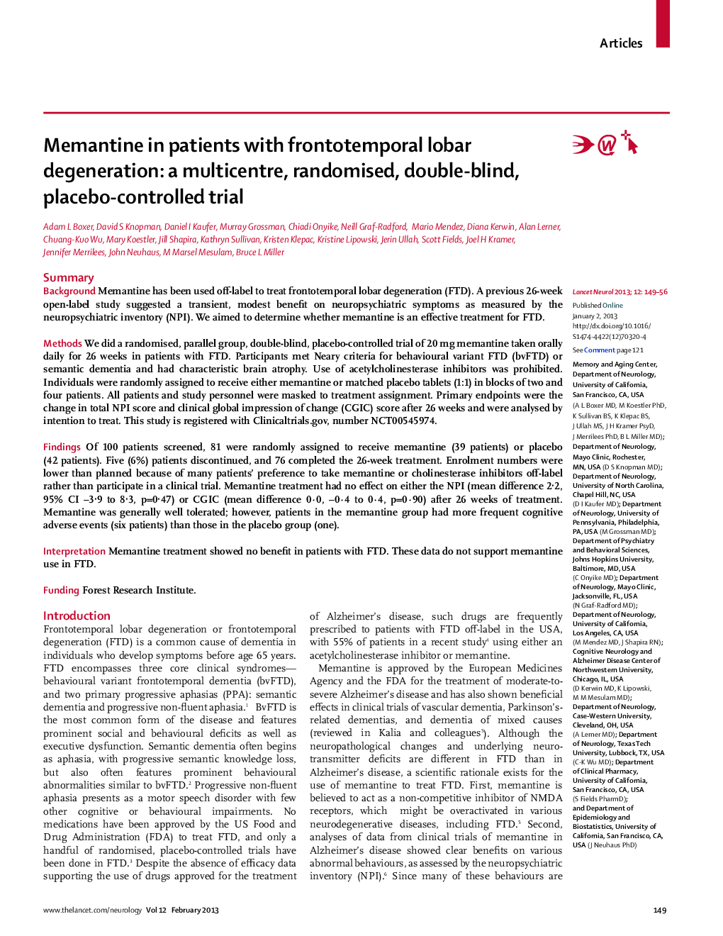 Memantine in patients with frontotemporal lobar degeneration: a multicentre, randomised, double-blind, placebo-controlled trial