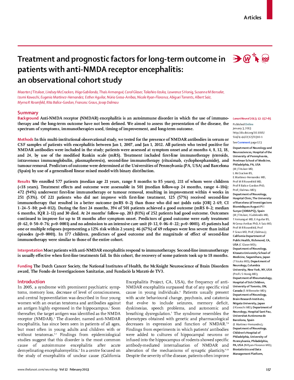 Treatment and prognostic factors for long-term outcome in patients with anti-NMDA receptor encephalitis: an observational cohort study