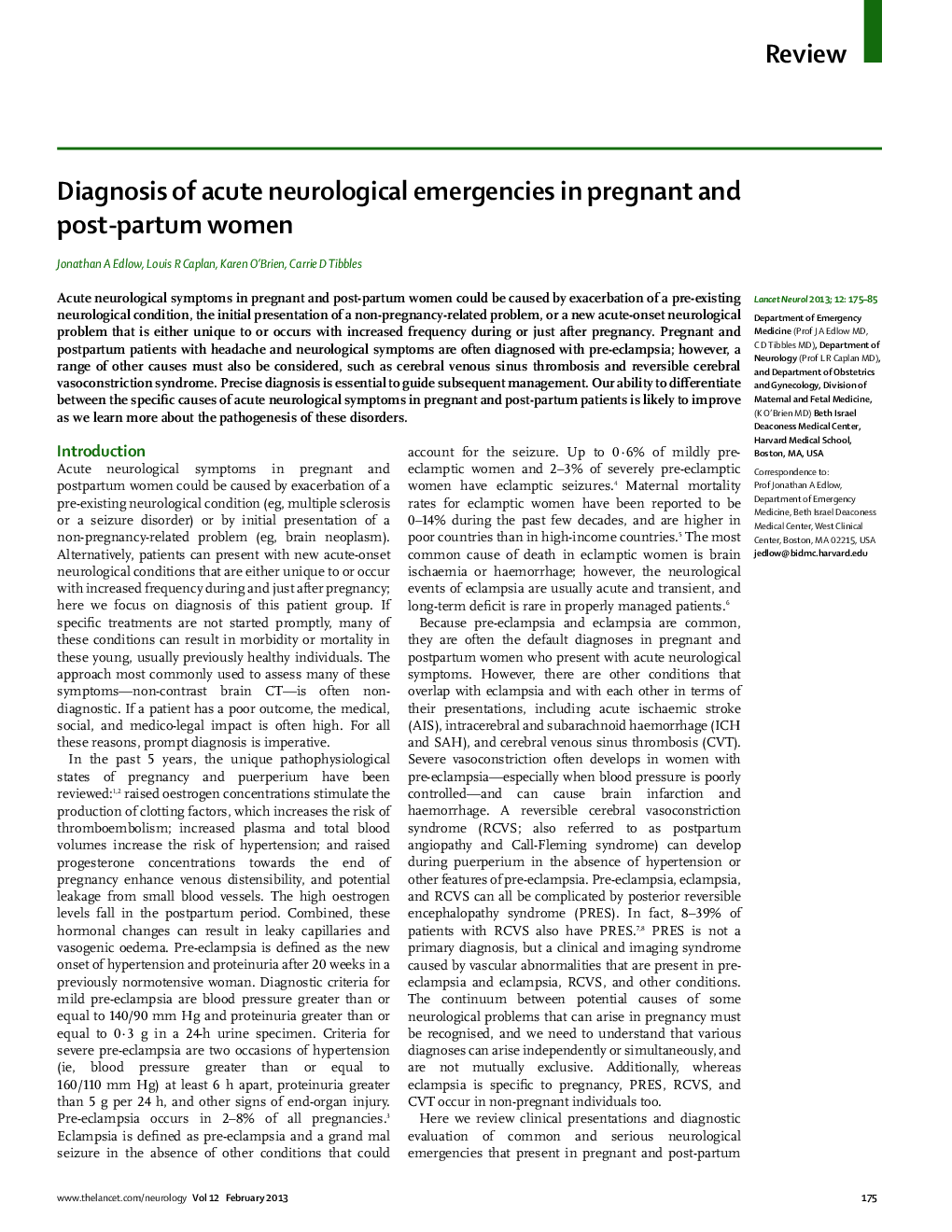 Diagnosis of acute neurological emergencies in pregnant and post-partum women