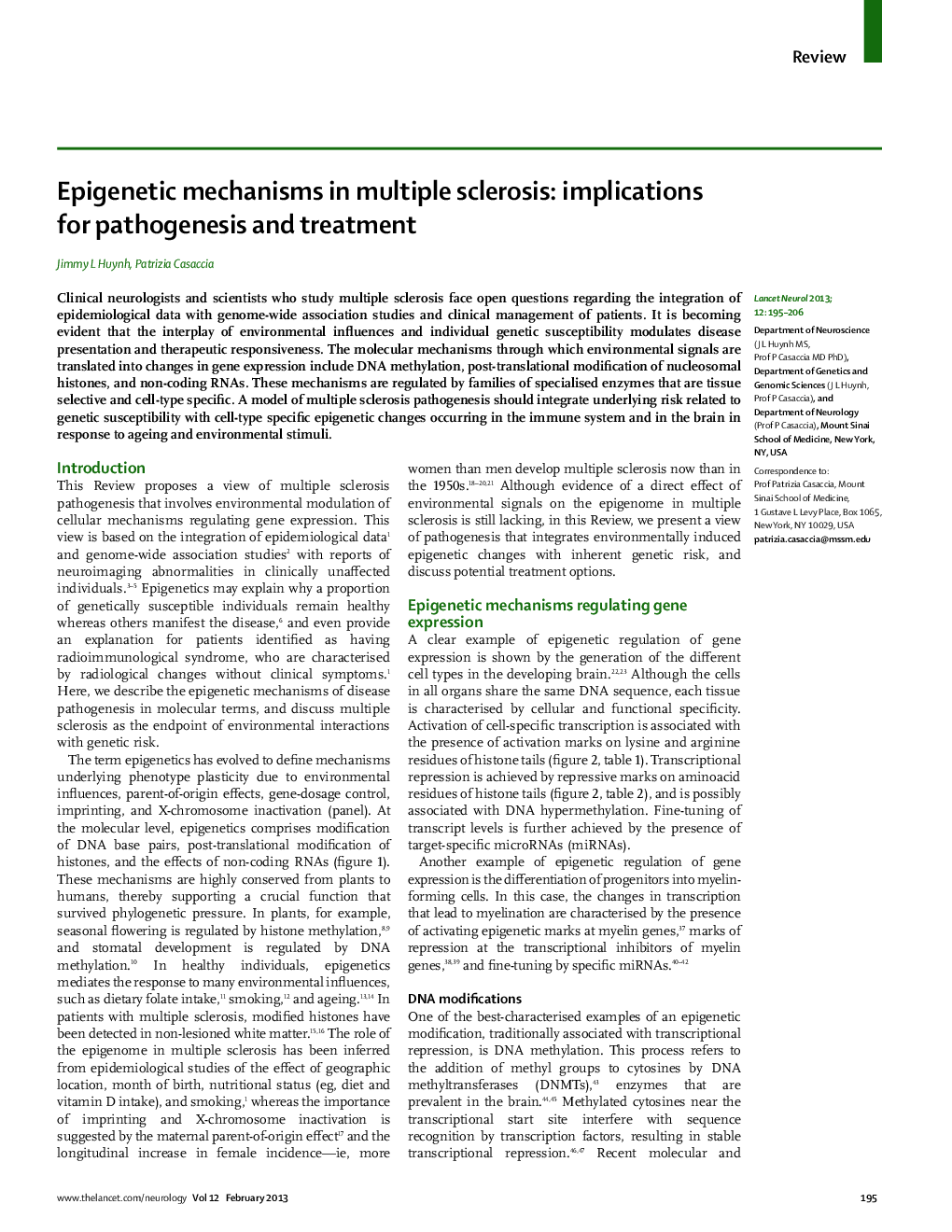 Epigenetic mechanisms in multiple sclerosis: implications for pathogenesis and treatment