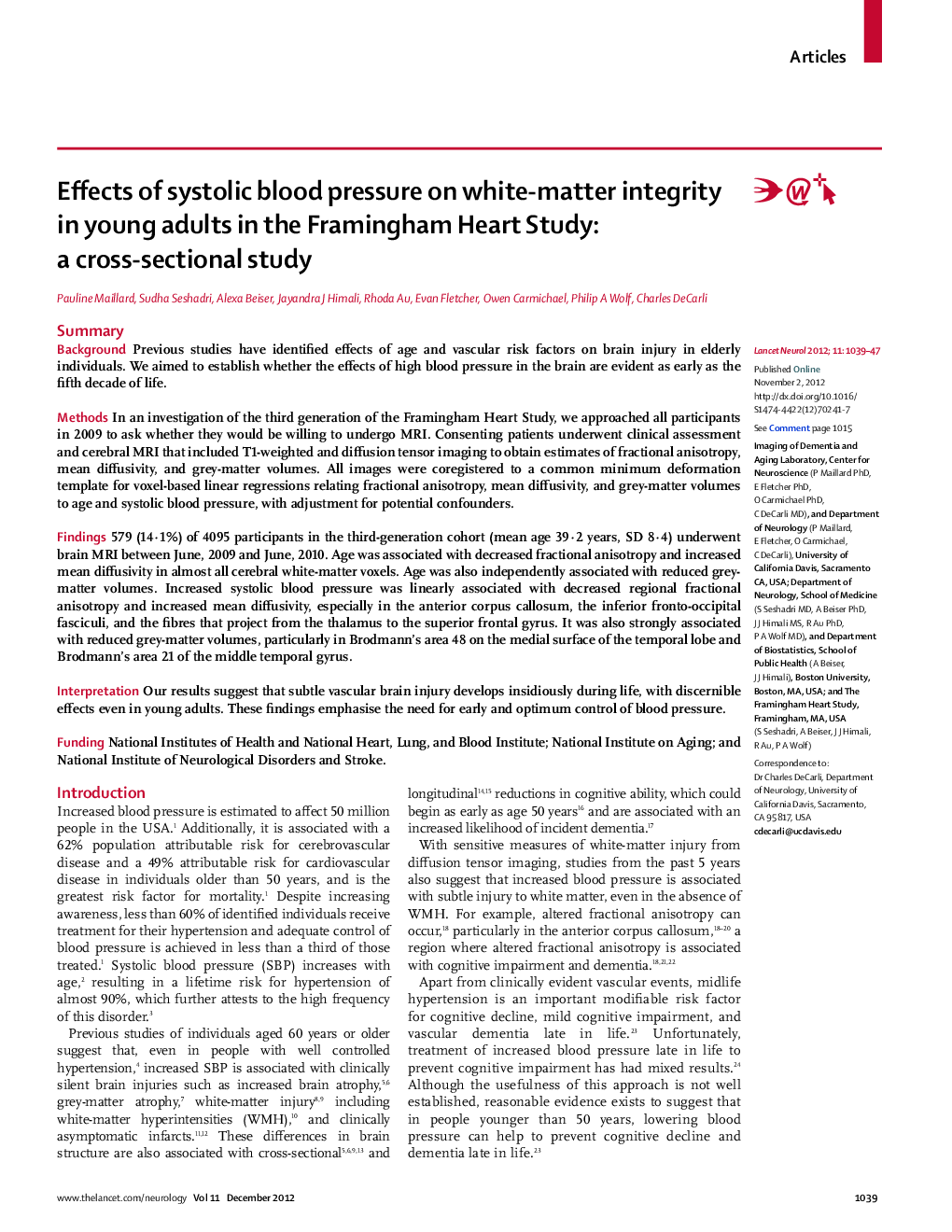 Effects of systolic blood pressure on white-matter integrity in young adults in the Framingham Heart Study: a cross-sectional study