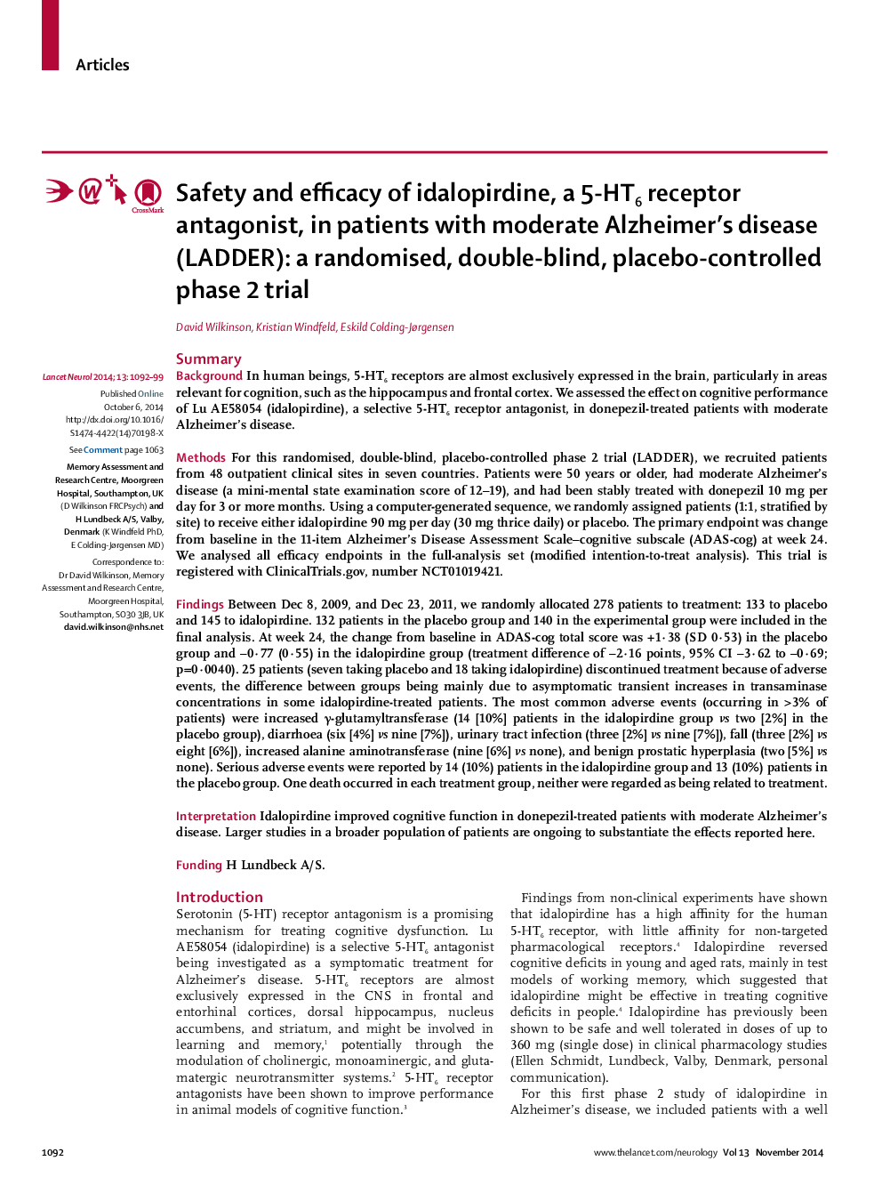 Safety and efficacy of idalopirdine, a 5-HT6 receptor antagonist, in patients with moderate Alzheimer's disease (LADDER): a randomised, double-blind, placebo-controlled phase 2 trial