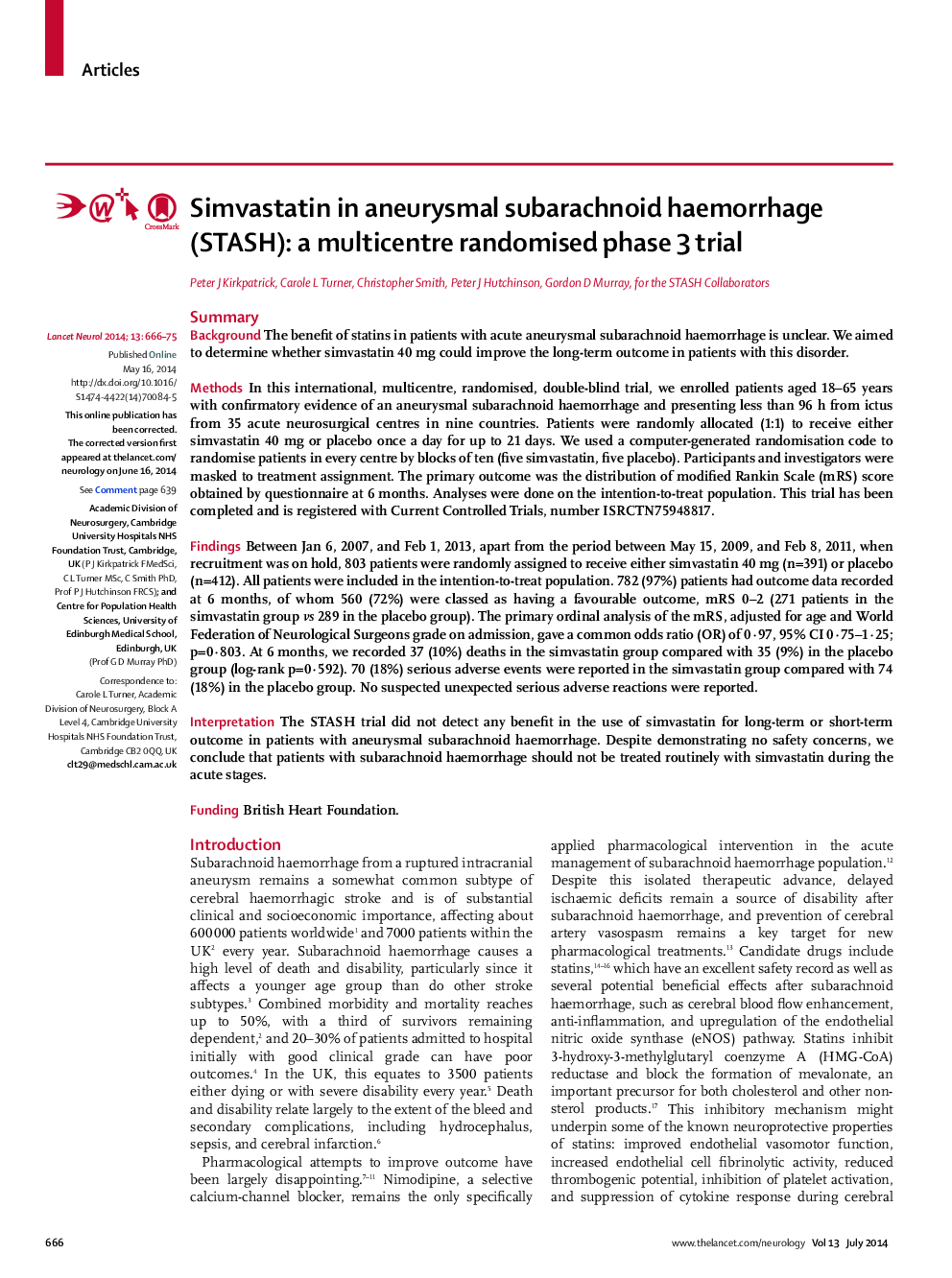 Simvastatin in aneurysmal subarachnoid haemorrhage (STASH): a multicentre randomised phase 3 trial