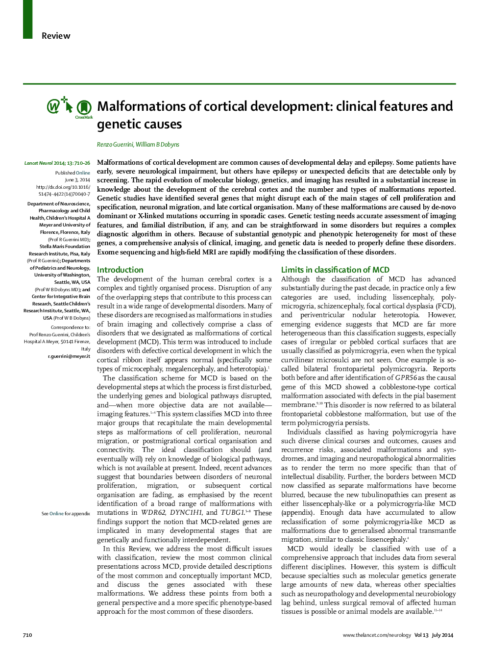 Malformations of cortical development: clinical features and genetic causes