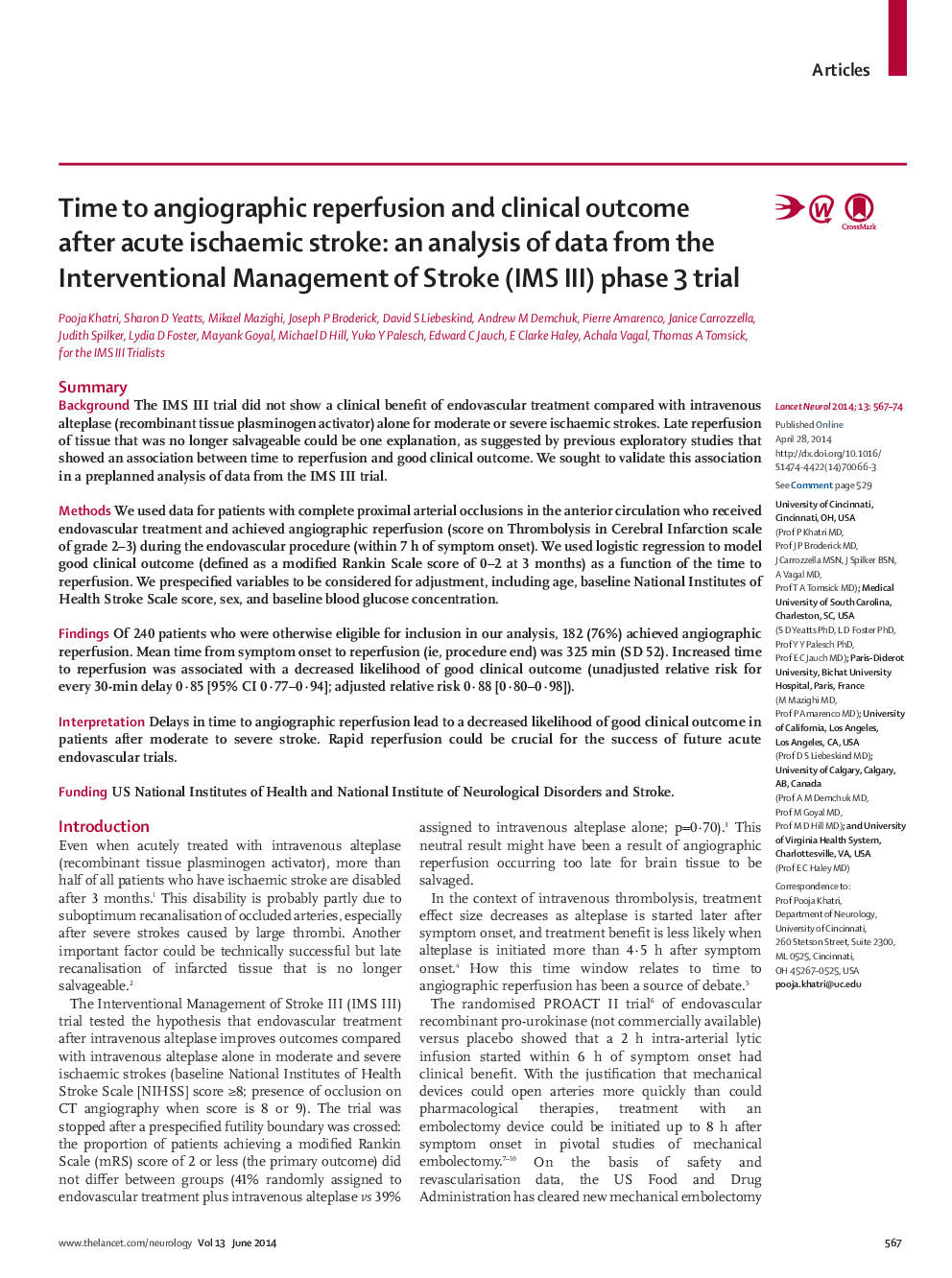 Time to angiographic reperfusion and clinical outcome after acute ischaemic stroke: an analysis of data from the Interventional Management of Stroke (IMS III) phase 3 trial