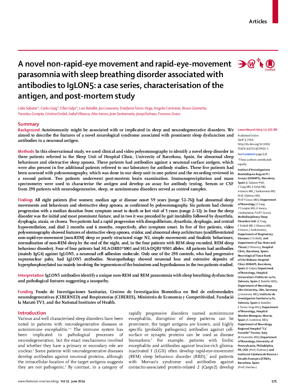 A novel non-rapid-eye movement and rapid-eye-movement parasomnia with sleep breathing disorder associated with antibodies to IgLON5: a case series, characterisation of the antigen, and post-mortem study