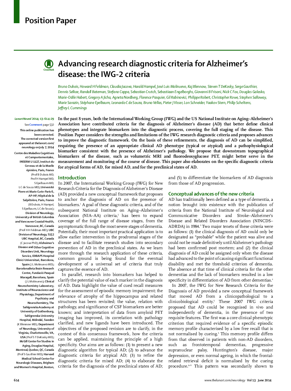 Advancing research diagnostic criteria for Alzheimer's disease: the IWG-2 criteria