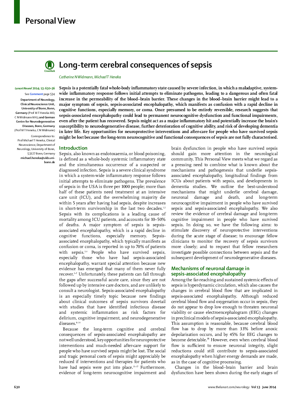Long-term cerebral consequences of sepsis