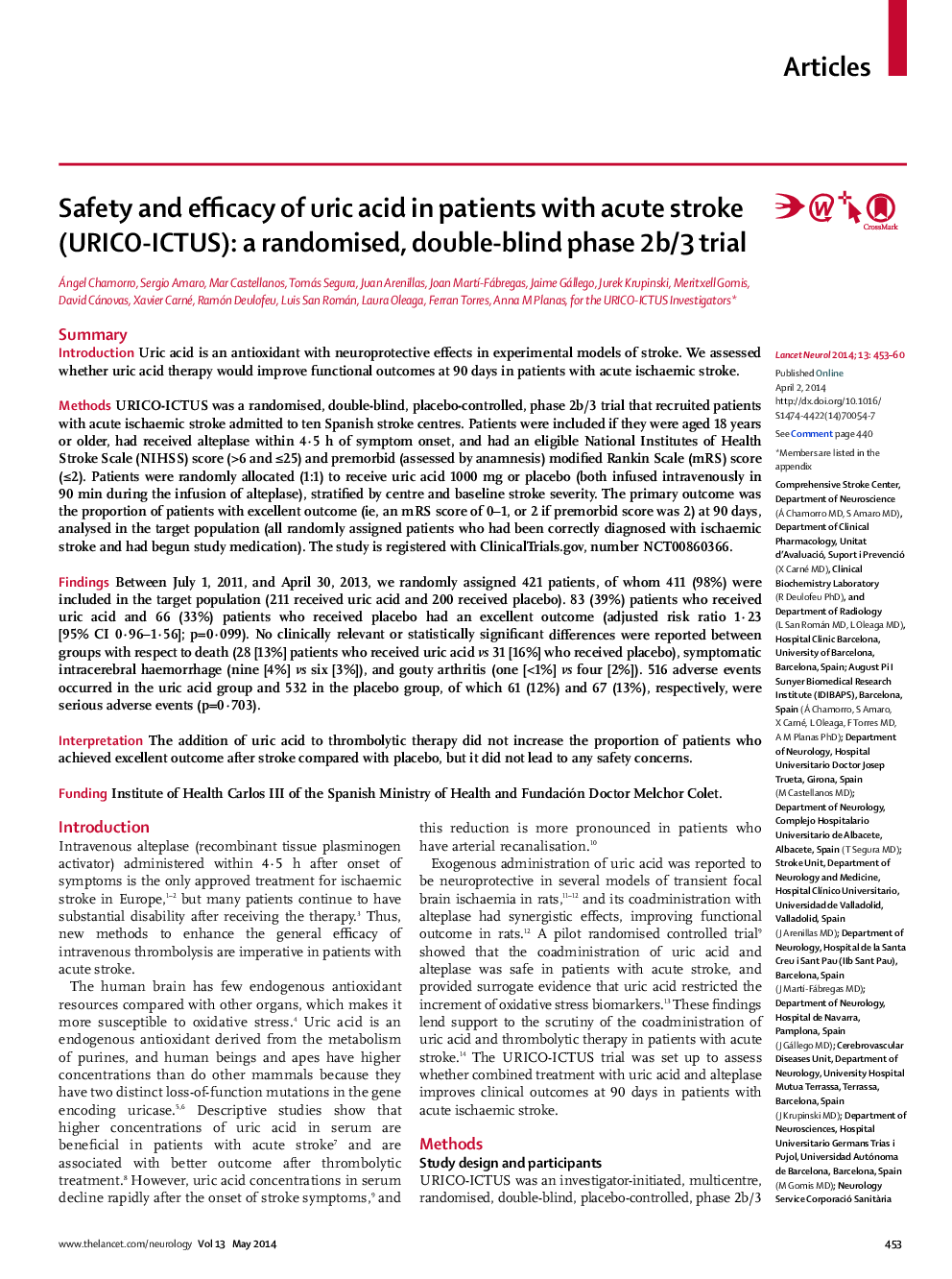 Safety and efficacy of uric acid in patients with acute stroke (URICO-ICTUS): a randomised, double-blind phase 2b/3 trial