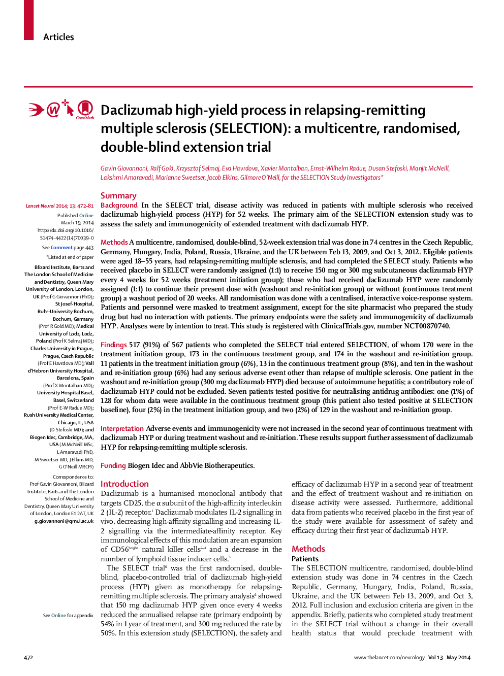 Daclizumab high-yield process in relapsing-remitting multiple sclerosis (SELECTION): a multicentre, randomised, double-blind extension trial