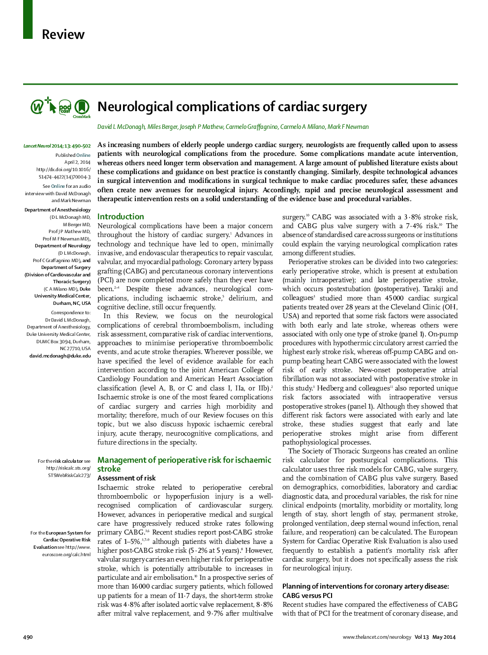 Neurological complications of cardiac surgery