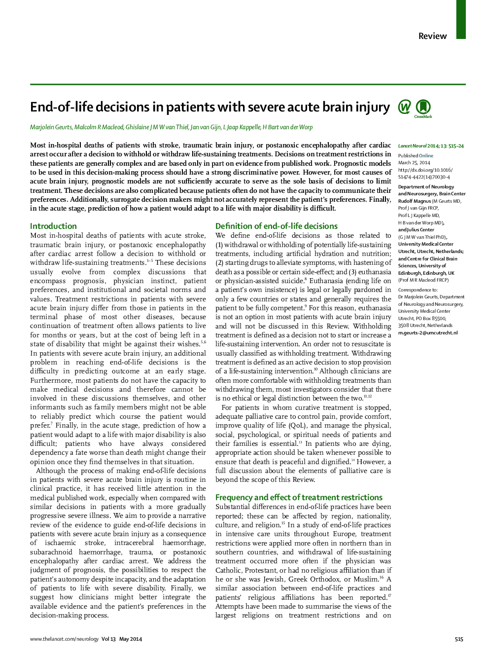 End-of-life decisions in patients with severe acute brain injury