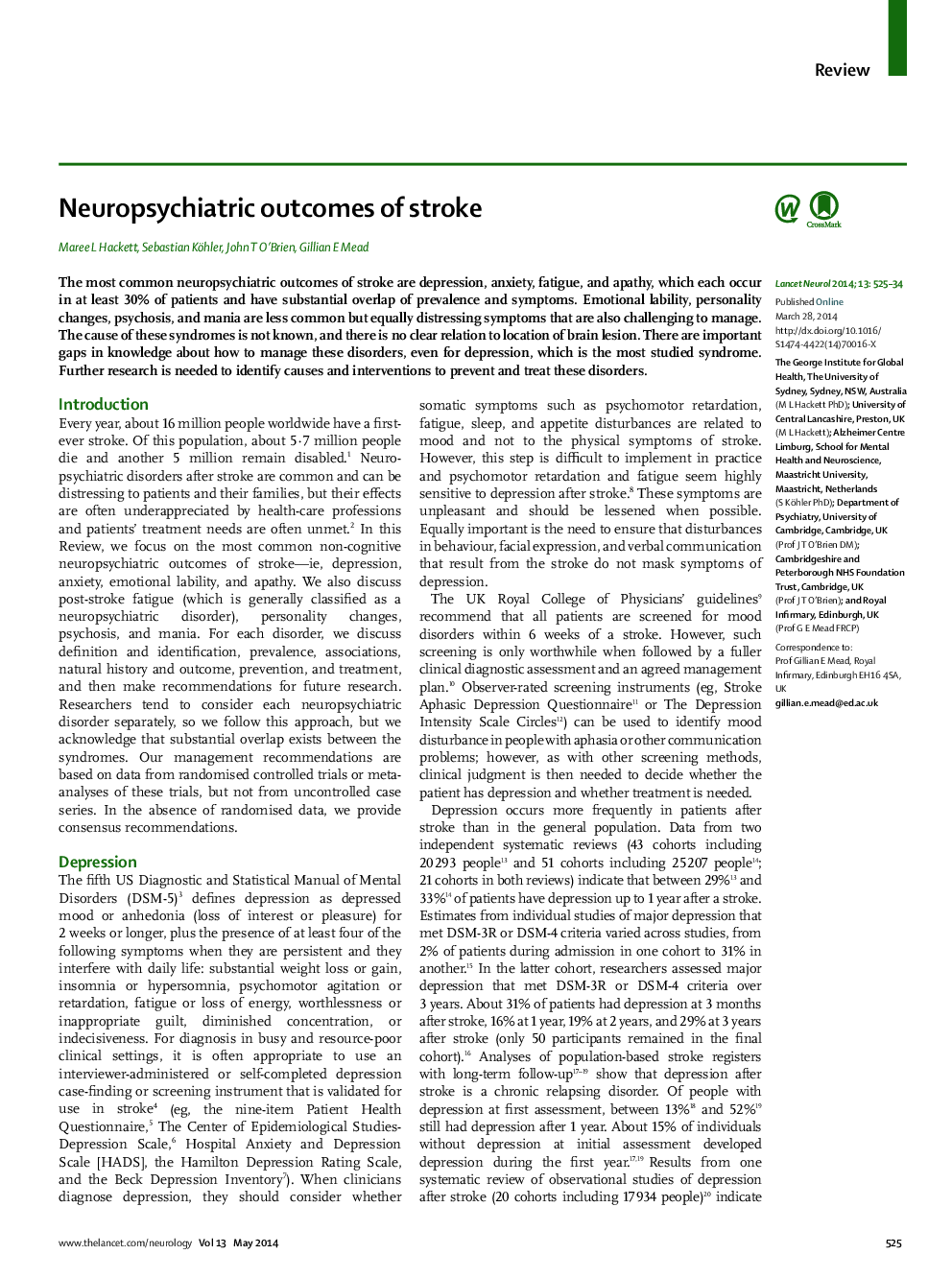 Neuropsychiatric outcomes of stroke