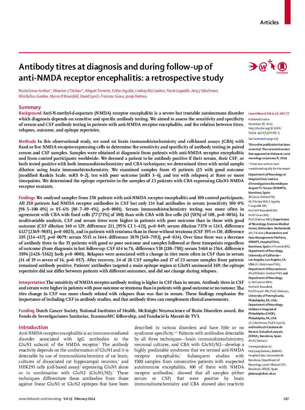 Antibody titres at diagnosis and during follow-up of anti-NMDA receptor encephalitis: a retrospective study