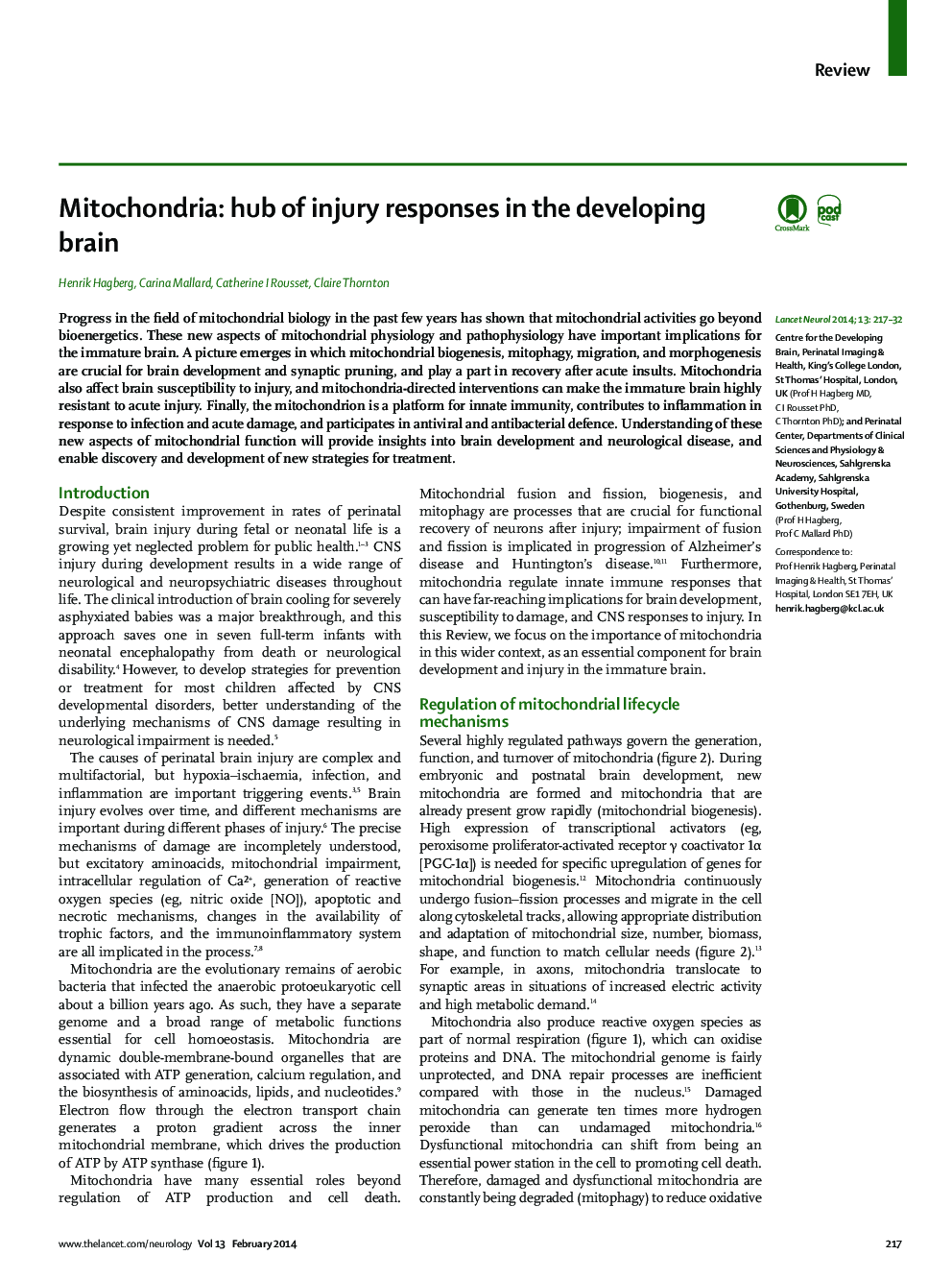 Mitochondria: hub of injury responses in the developing brain