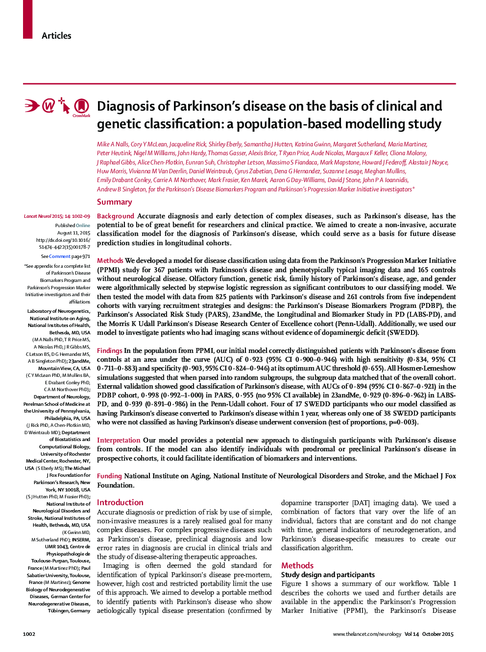 Diagnosis of Parkinson's disease on the basis of clinical and genetic classification: a population-based modelling study