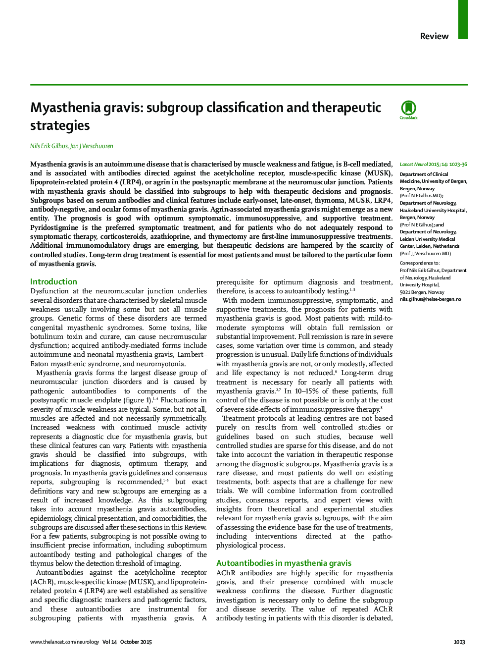 Myasthenia gravis: subgroup classification and therapeutic strategies
