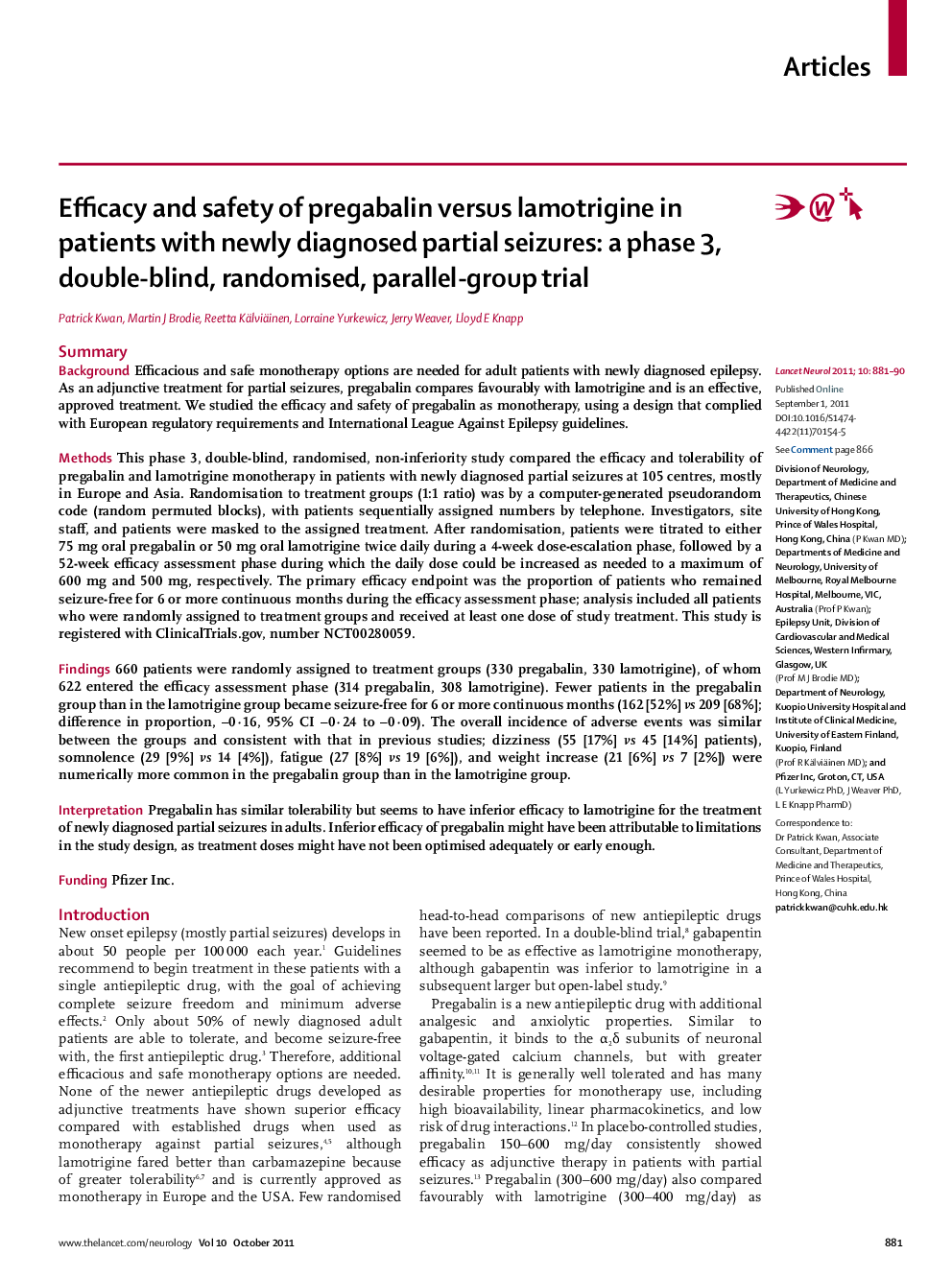 Efficacy and safety of pregabalin versus lamotrigine in patients with newly diagnosed partial seizures: a phase 3, double-blind, randomised, parallel-group trial