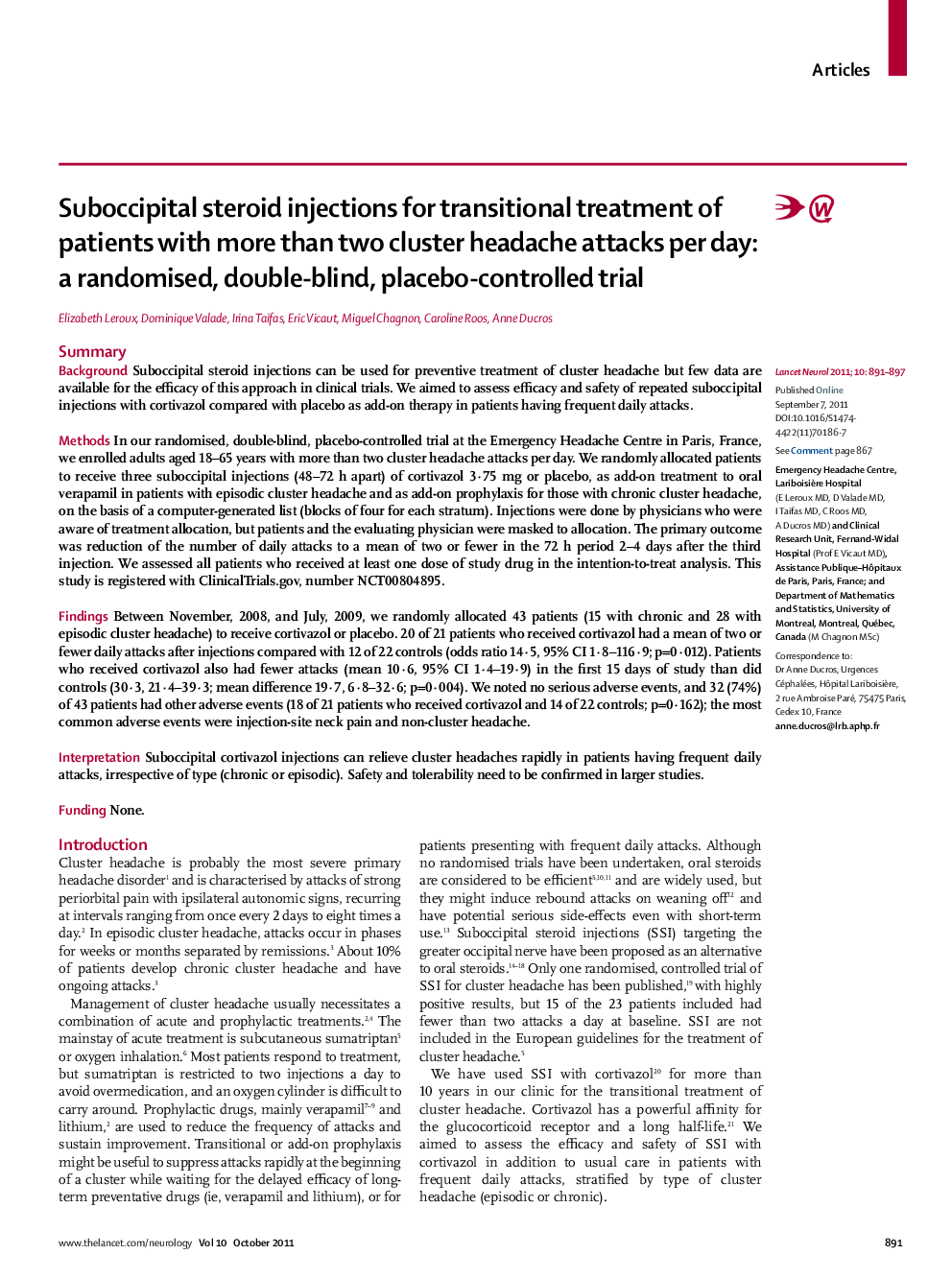 Suboccipital steroid injections for transitional treatment of patients with more than two cluster headache attacks per day: a randomised, double-blind, placebo-controlled trial