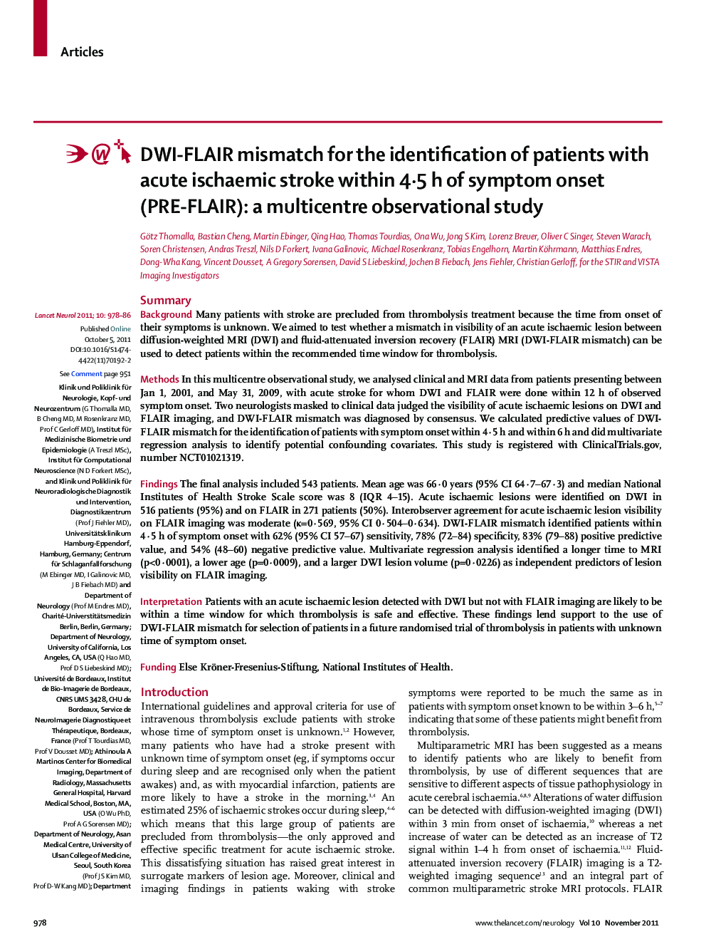 DWI-FLAIR mismatch for the identification of patients with acute ischaemic stroke within 4·5 h of symptom onset (PRE-FLAIR): a multicentre observational study