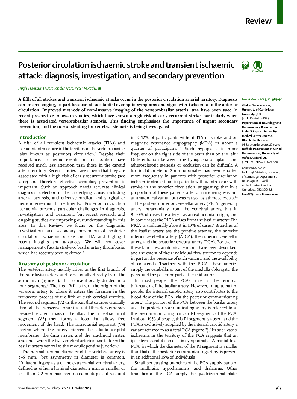 Posterior circulation ischaemic stroke and transient ischaemic attack: diagnosis, investigation, and secondary prevention