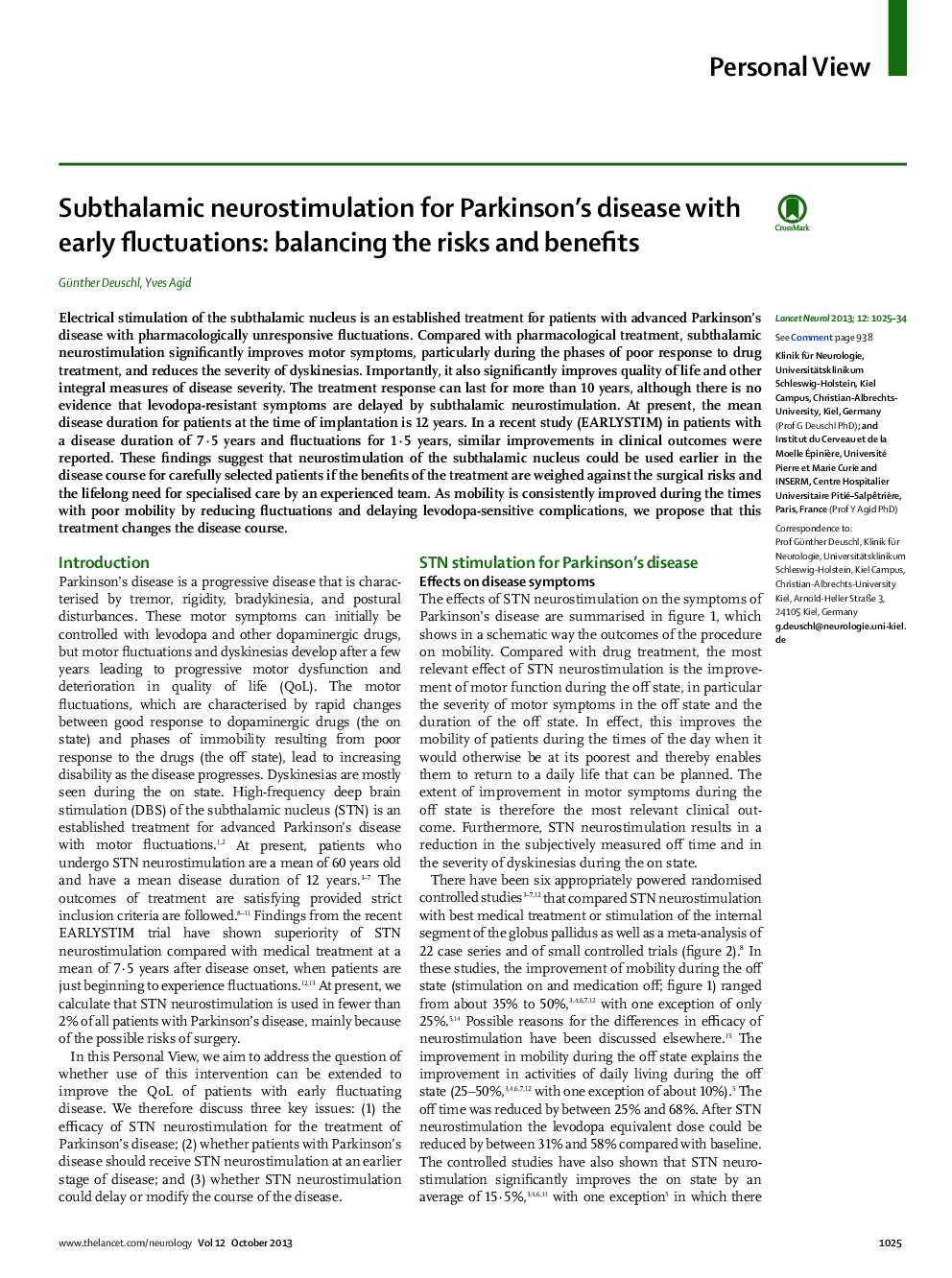 Subthalamic neurostimulation for Parkinson's disease with early fluctuations: balancing the risks and benefits