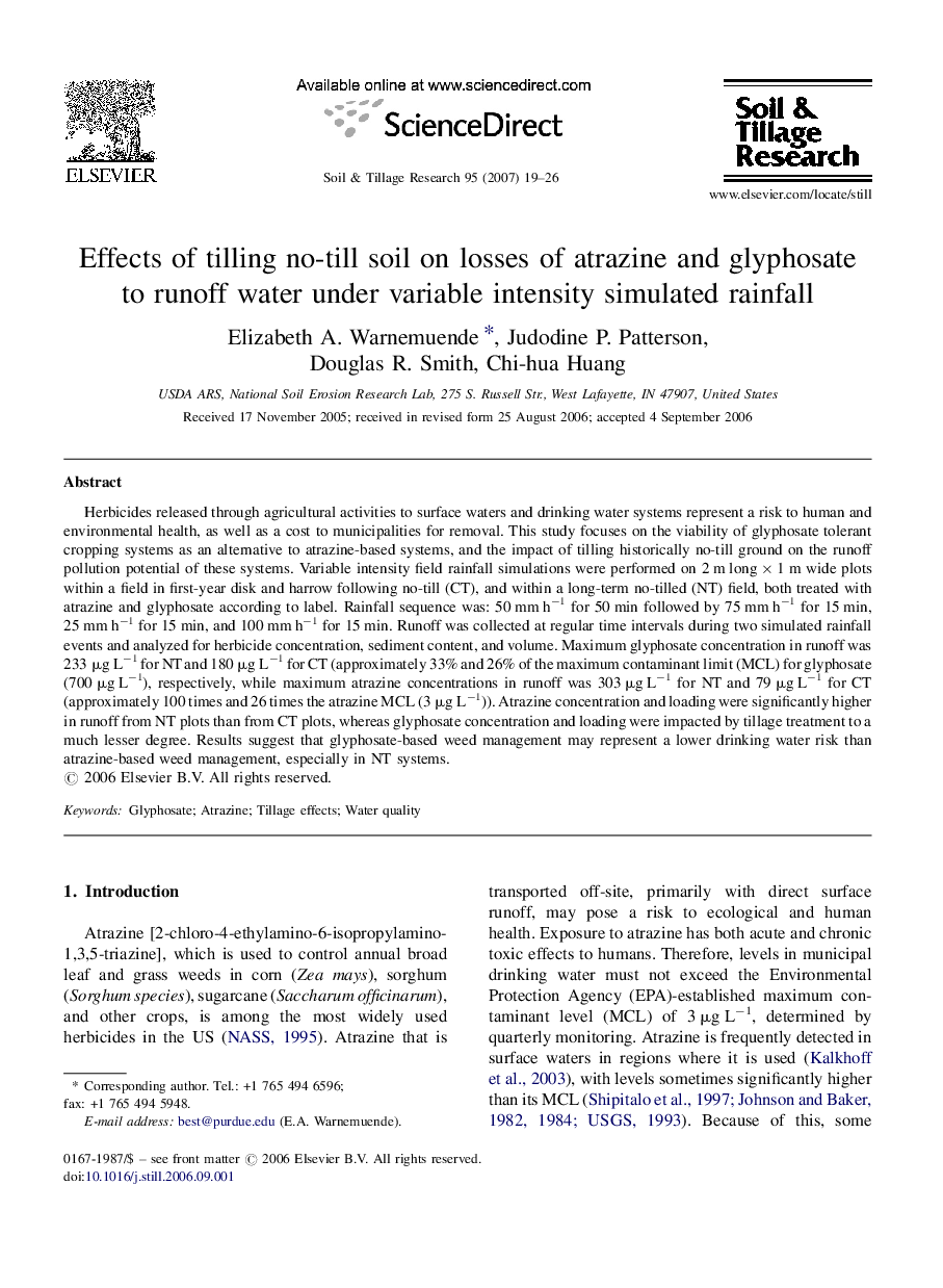 Effects of tilling no-till soil on losses of atrazine and glyphosate to runoff water under variable intensity simulated rainfall